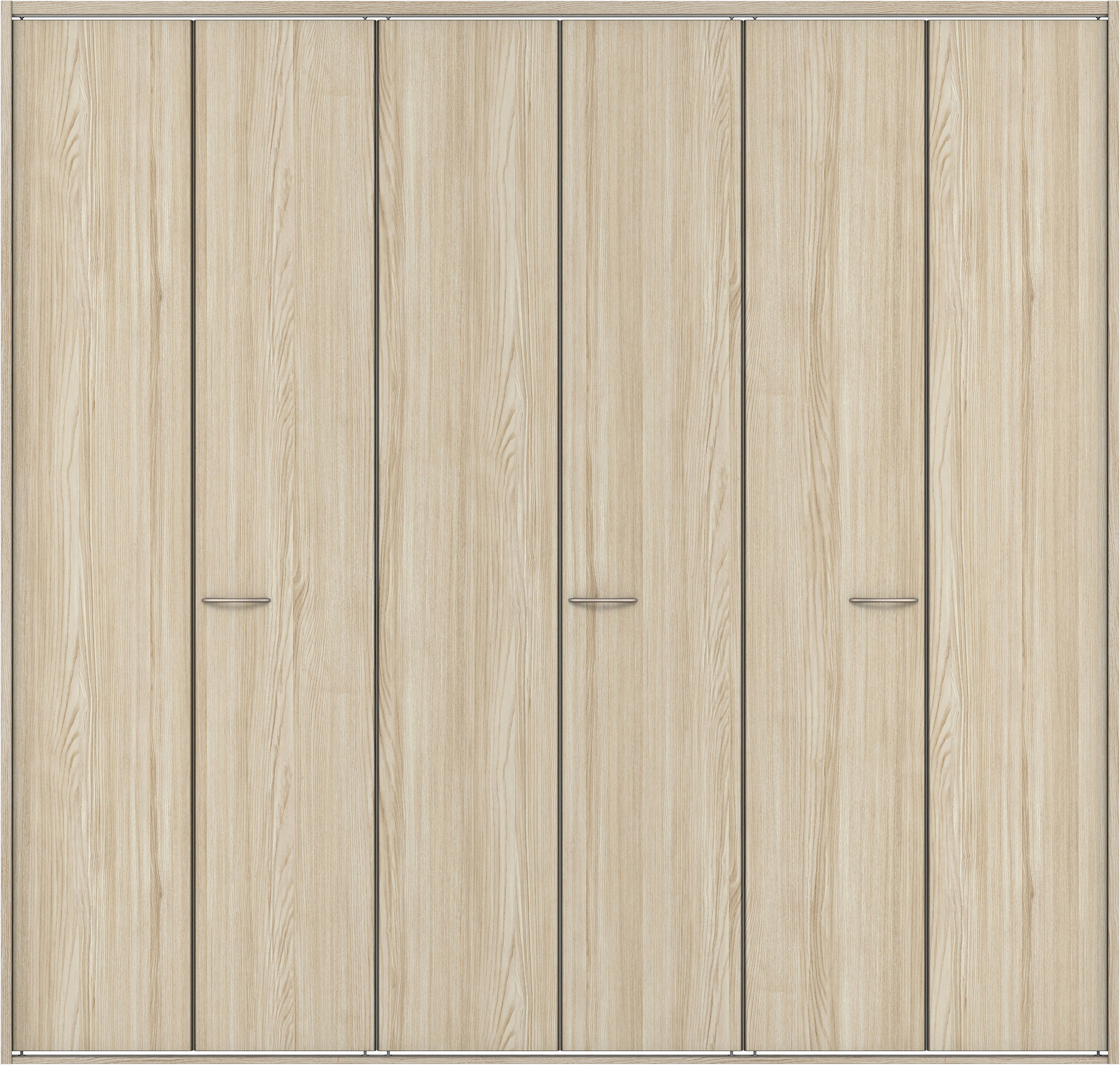 クローク収納　イエリア　折戸ユニット　フラット縦木目タイプ　ウッド扉　四方枠（固定枠）　セット　２４５０幅（９尺間口）　２３３０高　〈ソフトグレージュ柄〉　ハンドルラウンド型〈Ｔシルバー色〉