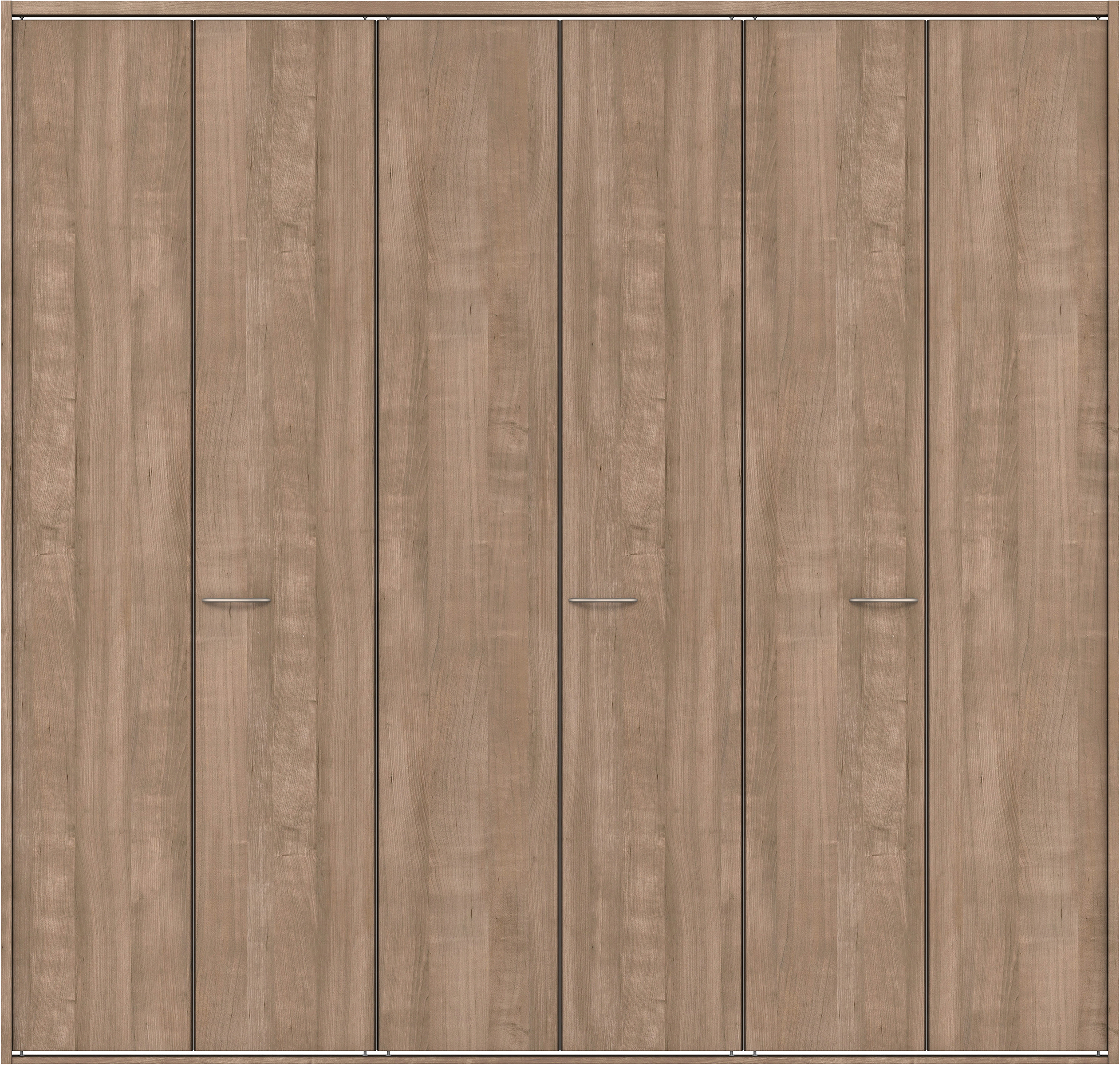 クローク収納　イエリア　折戸ユニット　フラット縦木目タイプ　ウッド扉　四方枠（固定枠）　セット　２７１４幅（３Ｍ間口）　２３３０高　〈トープグレー柄〉　ハンドルラウンド型〈Ｔシルバー色〉