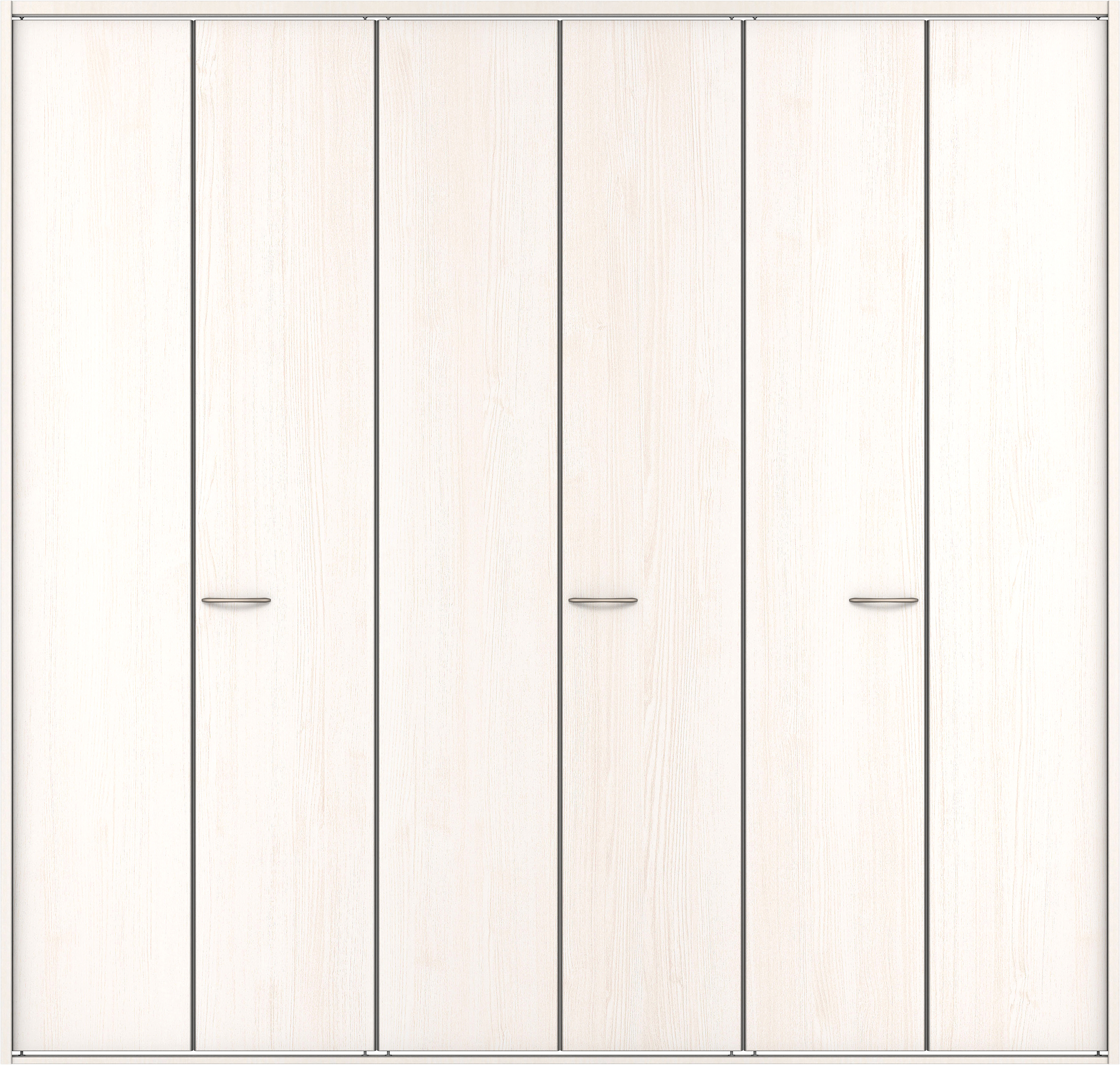 クローク収納　イエリア　折戸ユニット　フラット縦木目タイプ　ウッド扉　四方枠（固定枠）　セット　２４５０幅（９尺間口）　２３３０高　〈ネオホワイト柄〉　ハンドルラウンド型〈Ｔシルバー色〉