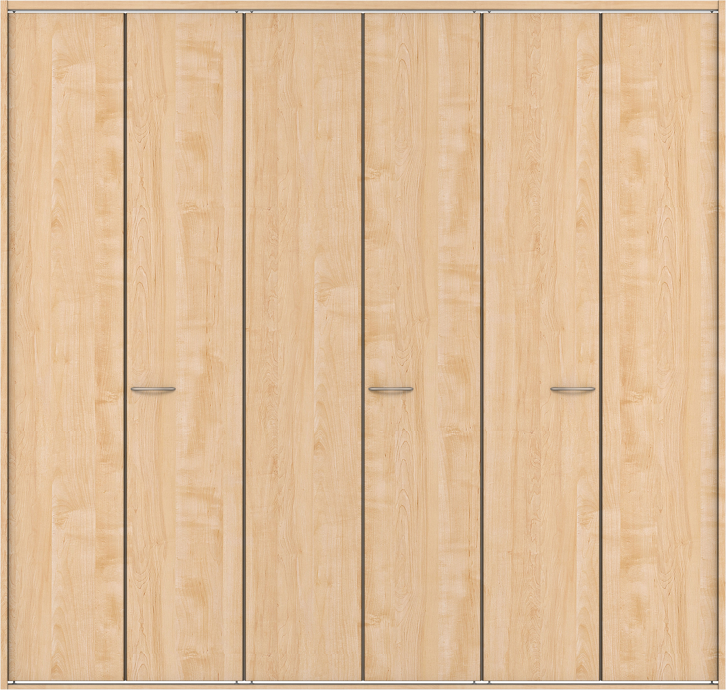 クローク収納　イエリア　折戸ユニット　フラット縦木目タイプ　ウッド扉　四方枠（固定枠）　セット　２７１４幅（３Ｍ間口）　２３３０高　〈ミルベージュ柄〉　ハンドルラウンド型〈Ｔシルバー色〉