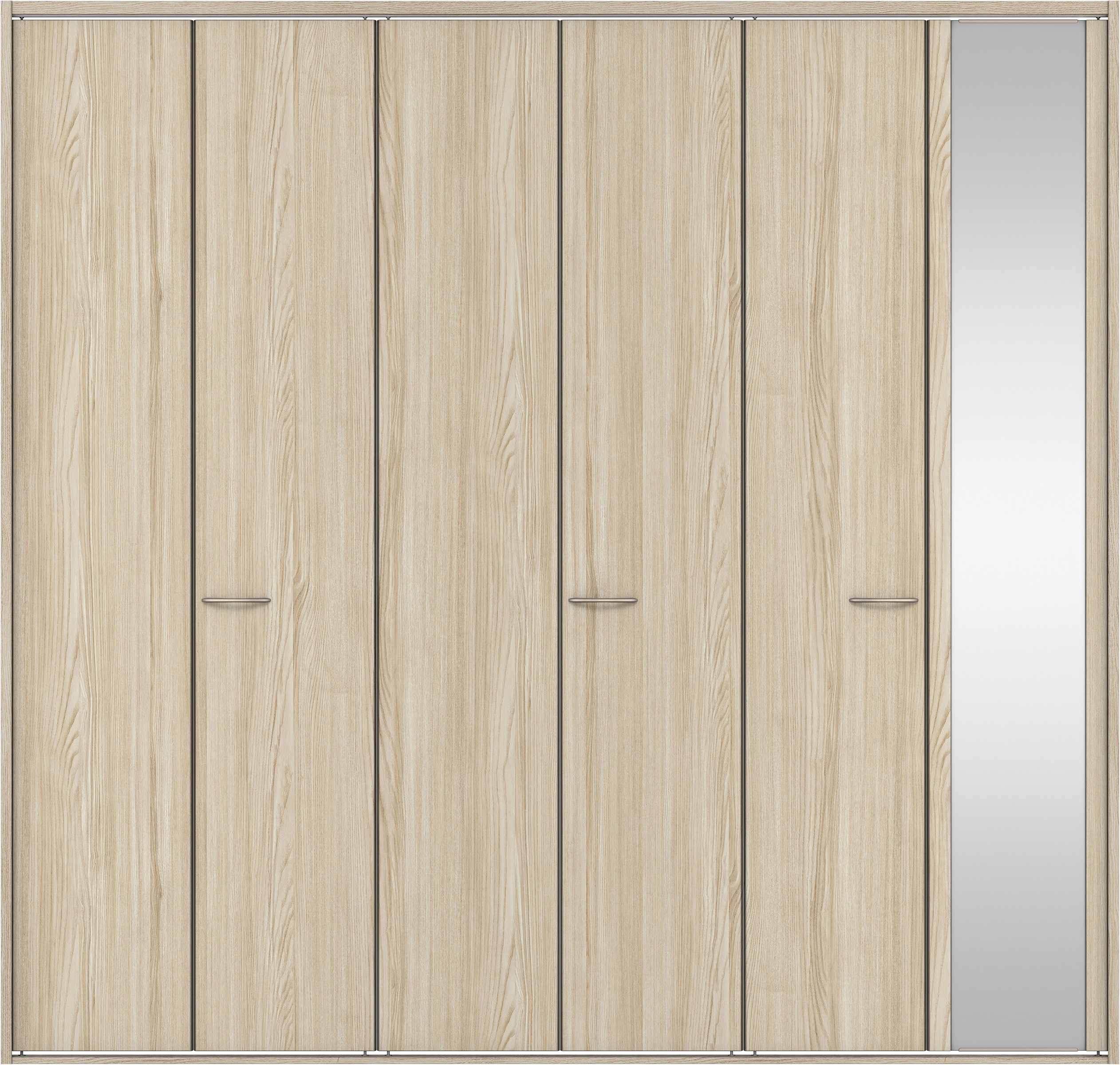 クローク収納　イエリア　折戸ユニット　フラット縦木目タイプ　ミラー扉　四方枠（固定枠）　セット　２４５０幅（９尺間口）　２３３０高　〈ソフトグレージュ柄〉　ハンドルラウンド型〈Ｔシルバー色〉