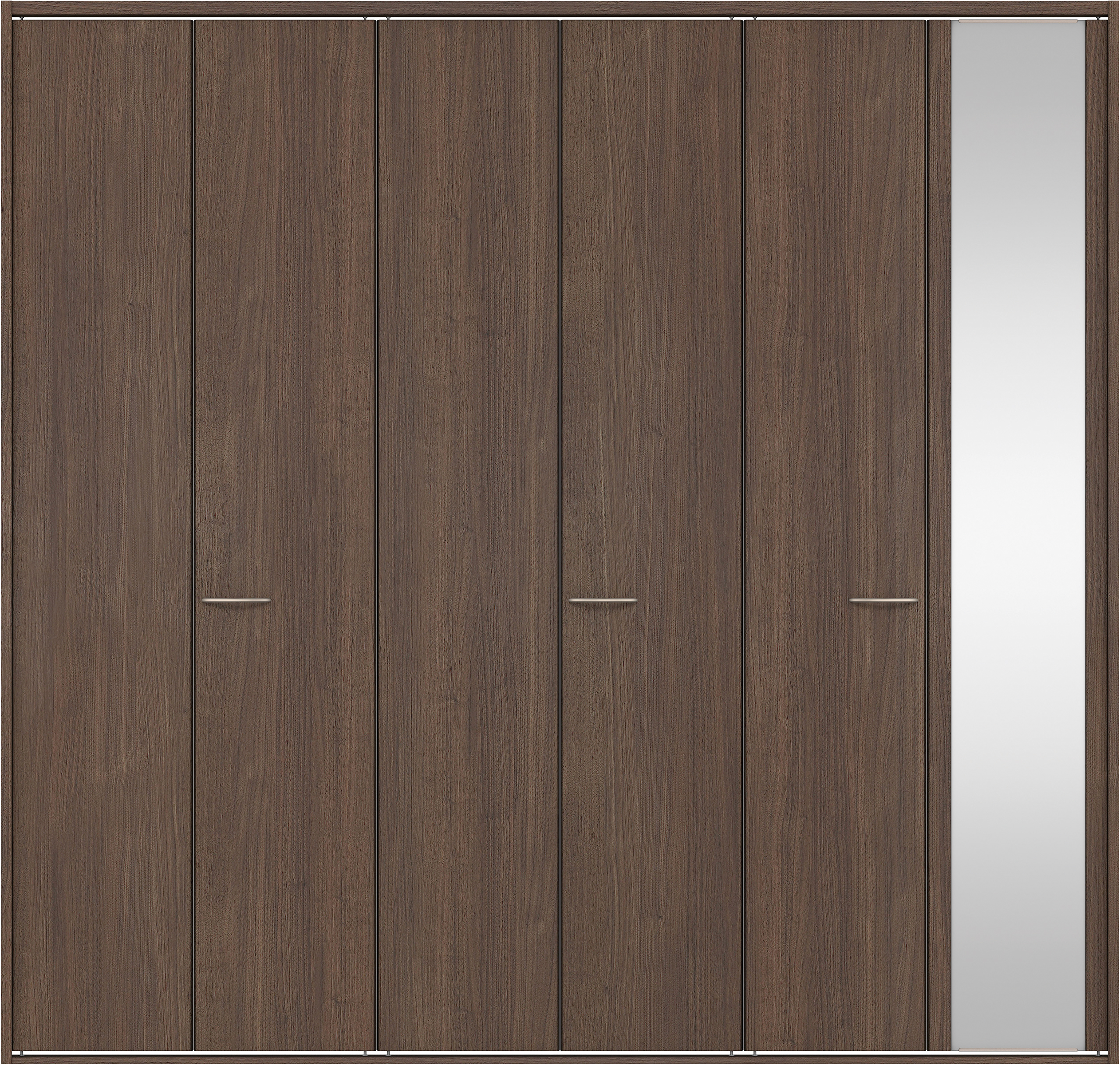 クローク収納　イエリア　折戸ユニット　フラット縦木目タイプ　ミラー扉　四方枠（固定枠）　セット　２４５０幅（９尺間口）　２３３０高　〈ダルブラウン柄〉　ハンドルラウンド型〈Ｔシルバー色〉