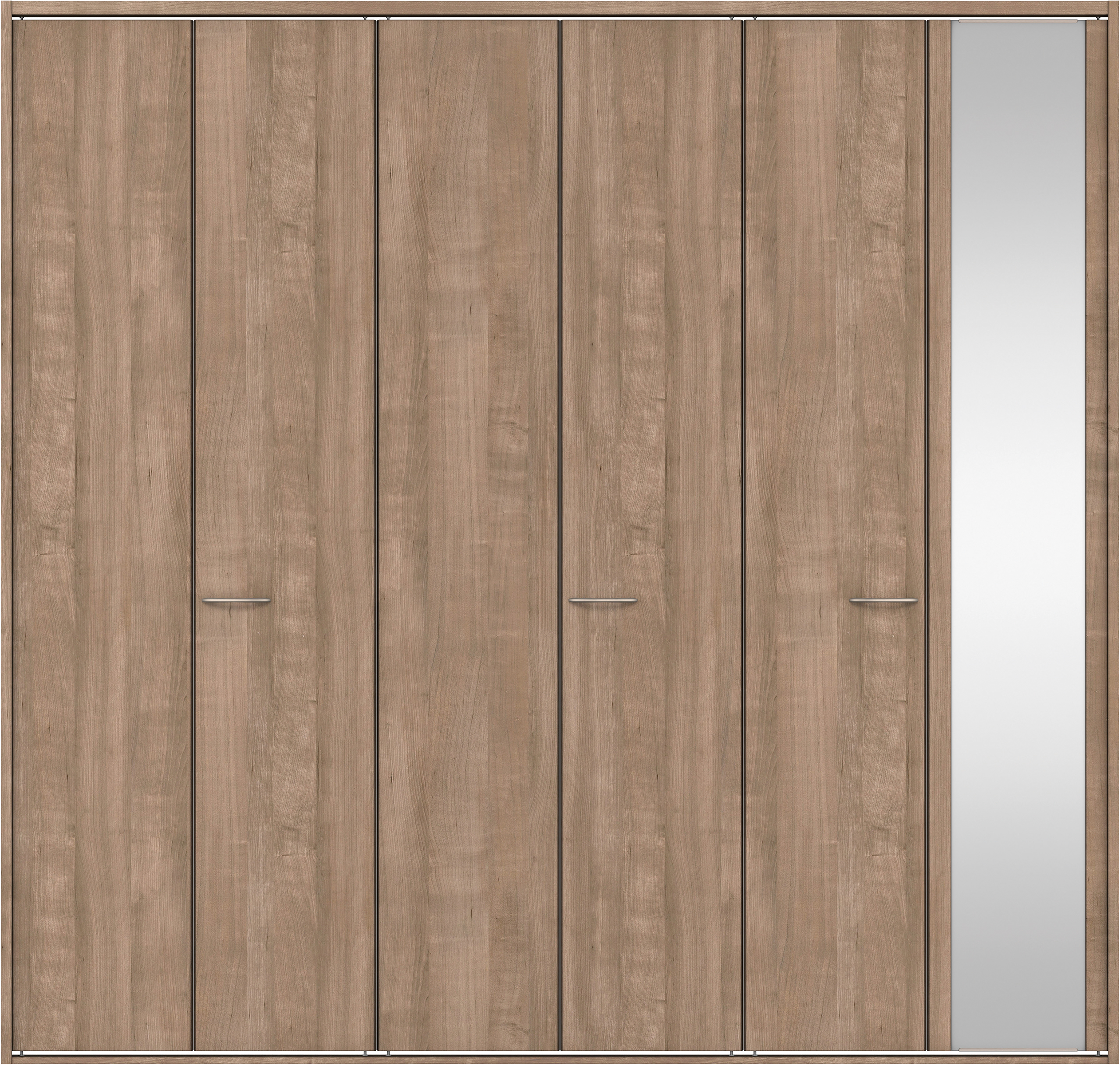 クローク収納　イエリア　折戸ユニット　フラット縦木目タイプ　ミラー扉　四方枠（固定枠）　セット　２４５０幅（９尺間口）　２３３０高　〈トープグレー柄〉　ハンドルラウンド型〈Ｔシルバー色〉