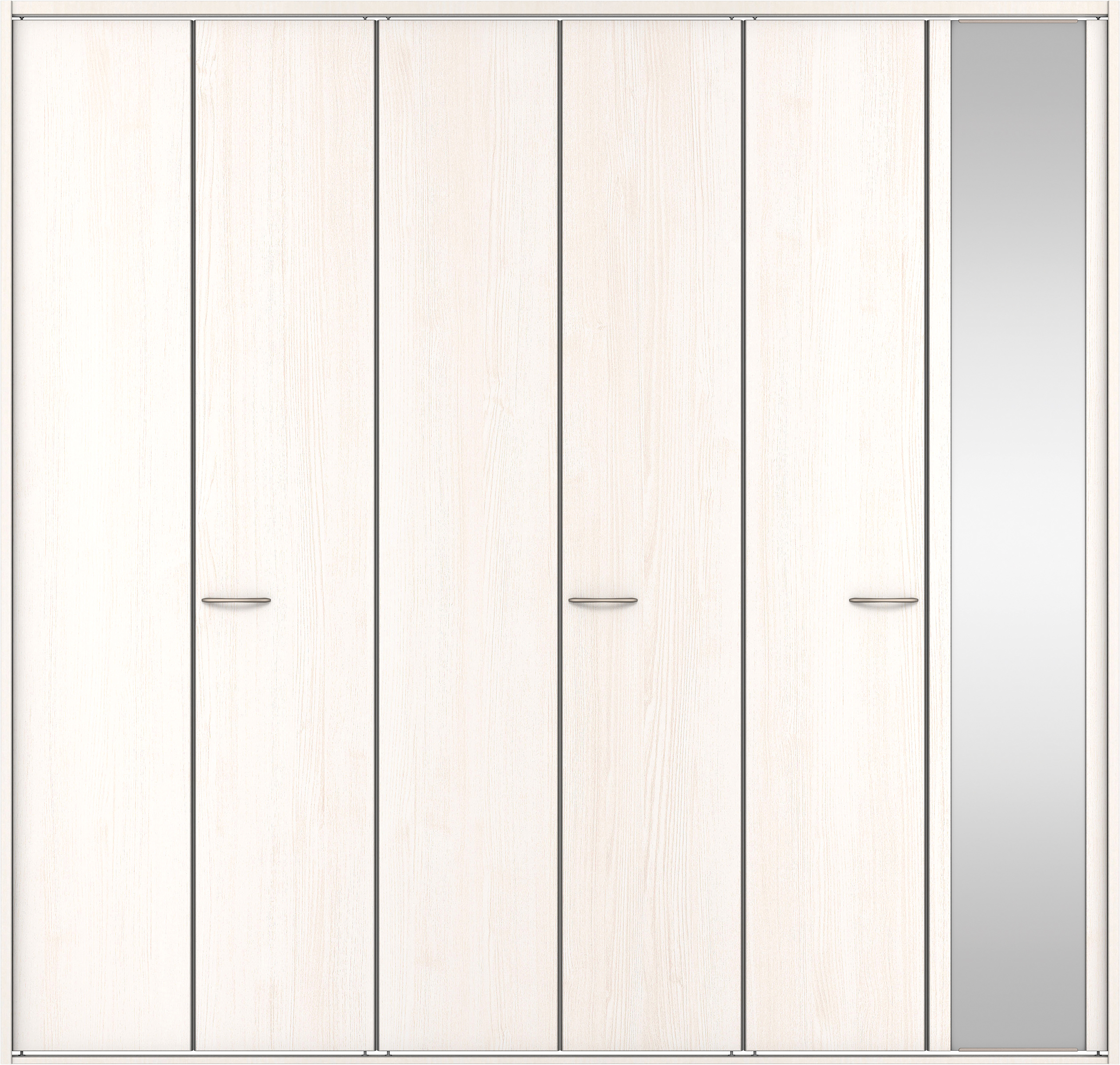 クローク収納　イエリア　折戸ユニット　フラット縦木目タイプ　ミラー扉　四方枠（固定枠）　セット　２４５０幅（９尺間口）　２３３０高　〈ネオホワイト柄〉　ハンドルラウンド型〈Ｔシルバー色〉