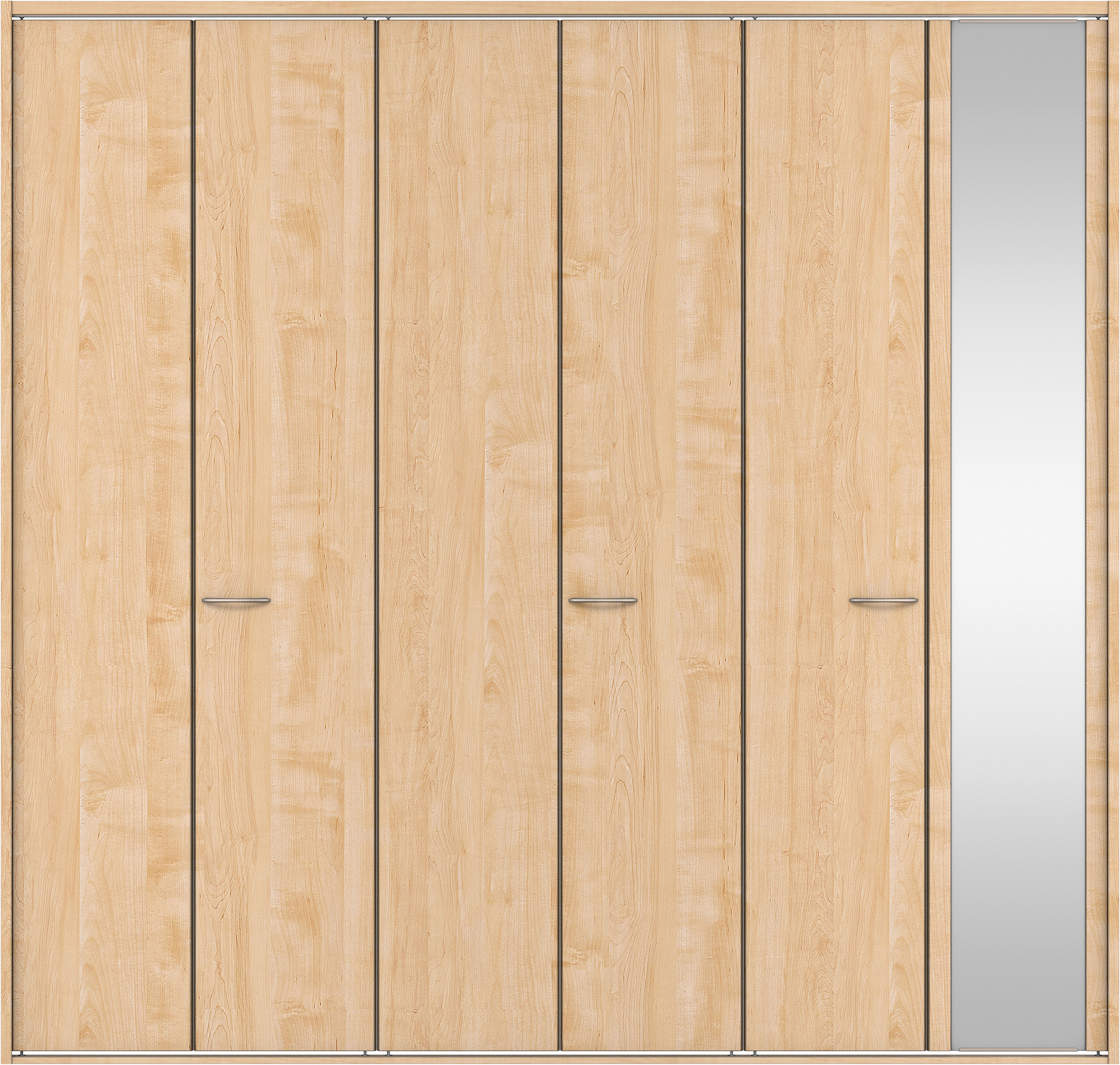 クローク収納　イエリア　折戸ユニット　フラット縦木目タイプ　ミラー扉　四方枠（固定枠）　セット　２４５０幅（９尺間口）　２３３０高　〈ミルベージュ柄〉　ハンドルラウンド型〈Ｔシルバー色〉