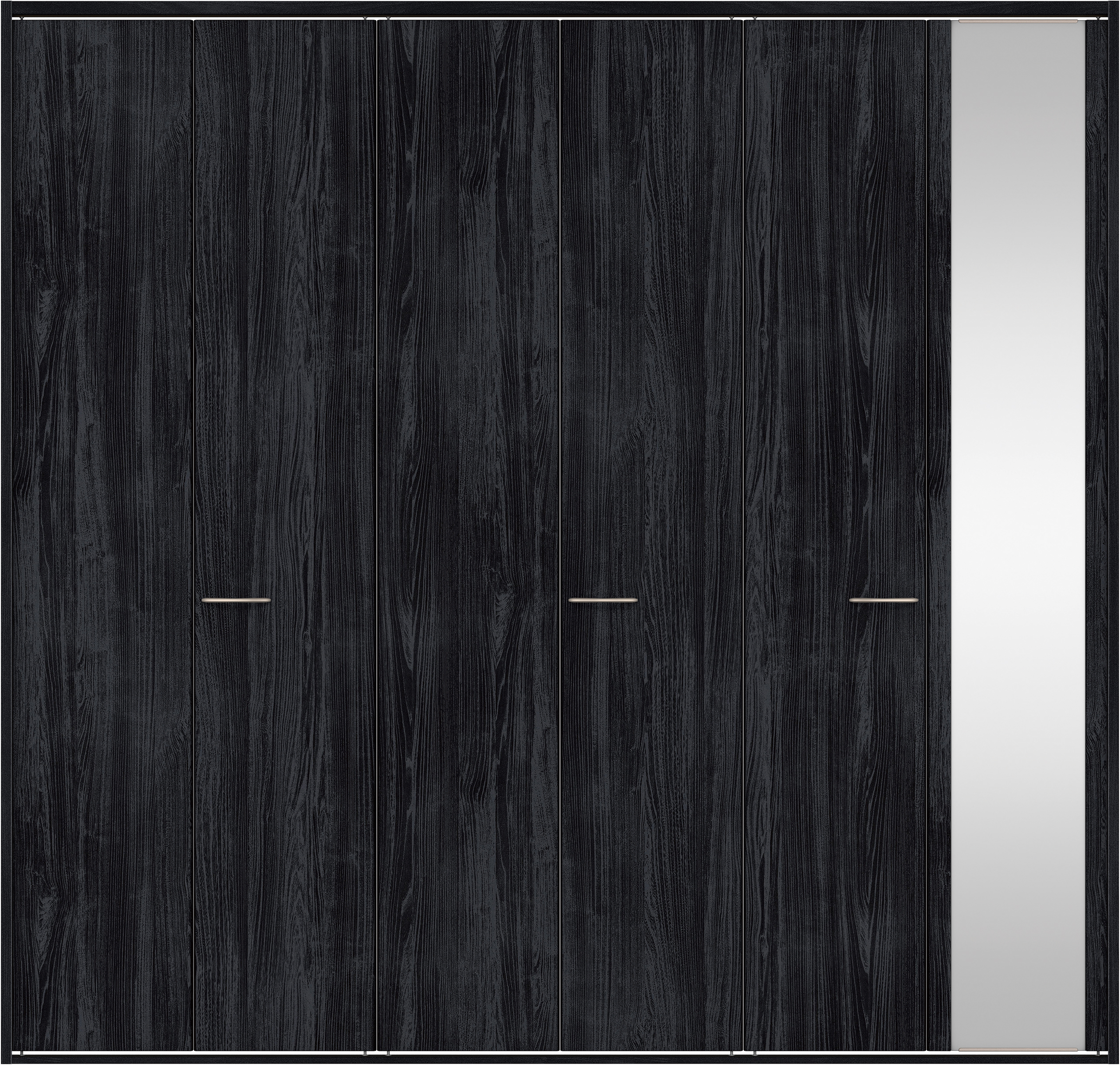 クローク収納　イエリア　折戸ユニット　フラット縦木目タイプ　ミラー扉　四方枠（固定枠）　セット　２４５０幅（９尺間口）　２３３０高　〈モスブラック柄〉　ハンドルラウンド型〈Ｔシルバー色〉