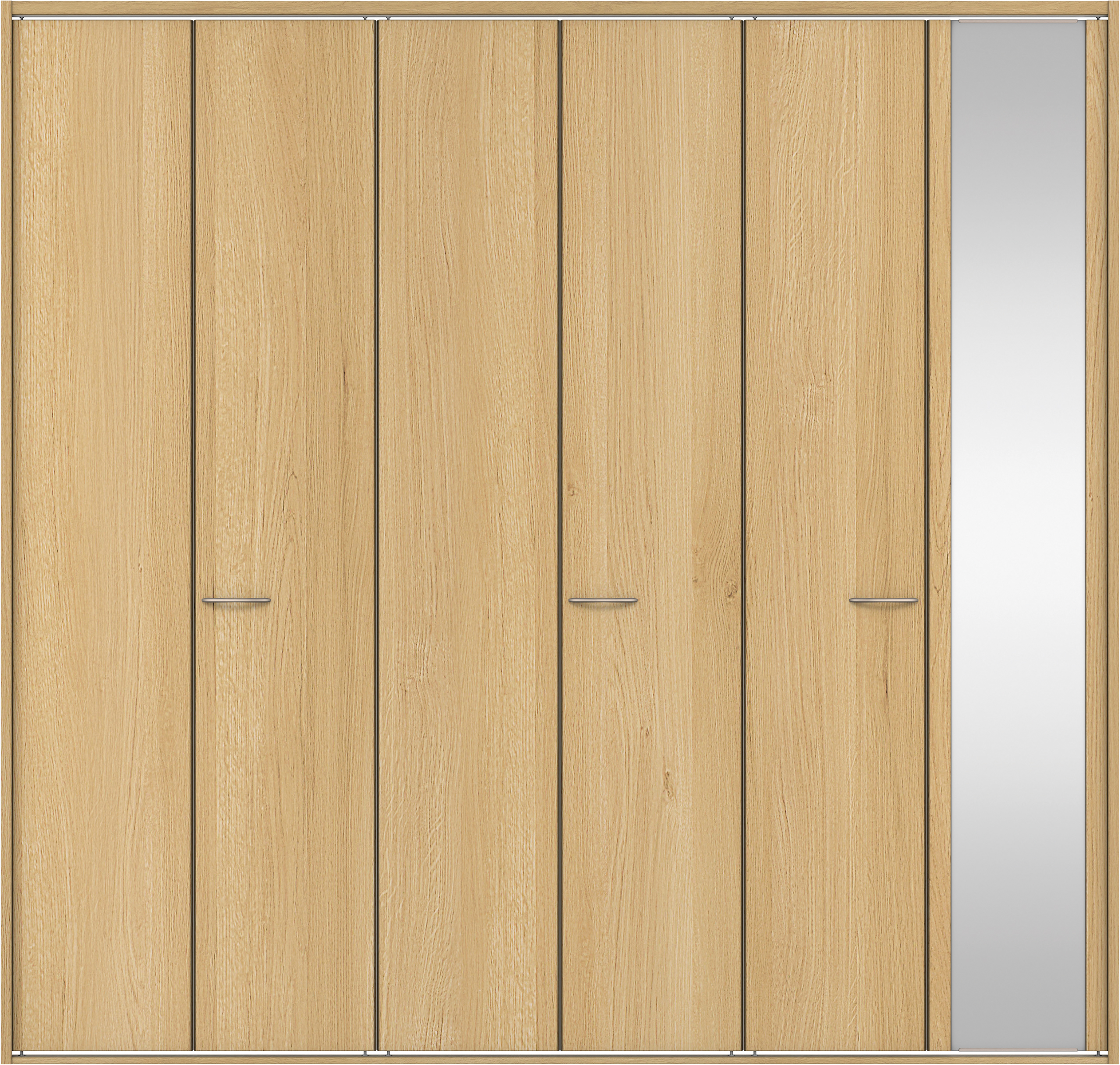 クローク収納　イエリア　折戸ユニット　フラット縦木目タイプ　ミラー扉　四方枠（固定枠）　セット　２４５０幅（９尺間口）　２３３０高　〈ライトオーカー柄〉　ハンドルラウンド型〈Ｔシルバー色〉