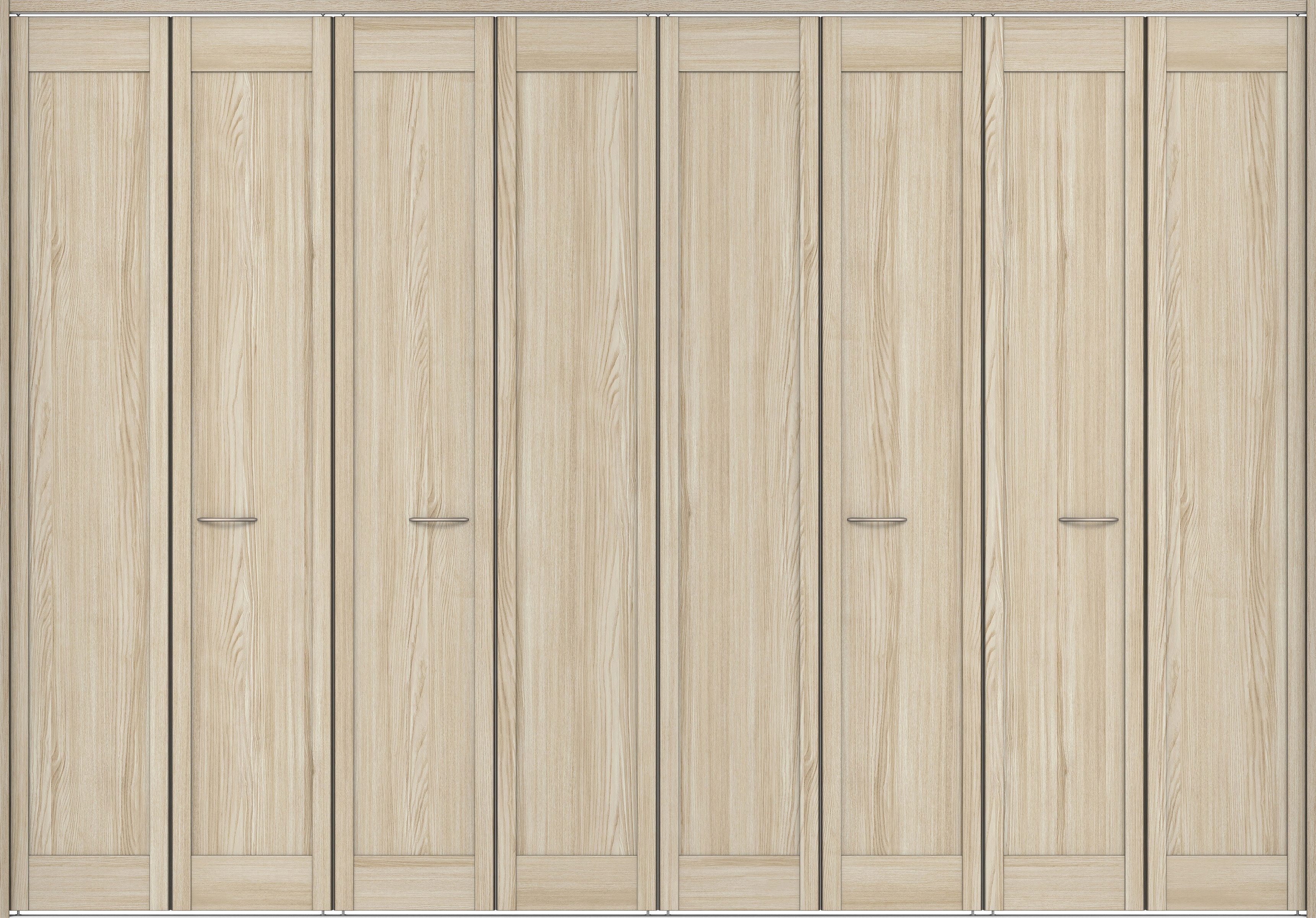 クローク収納　イエリア　折戸ユニット　カマチタイプ　ウッド扉　下レール付三方枠（固定枠）　セット　３３２７幅（１２尺間口）　２３２０高　〈ソフトグレージュ柄〉　ハンドルラウンド型〈Ｔシルバー色〉