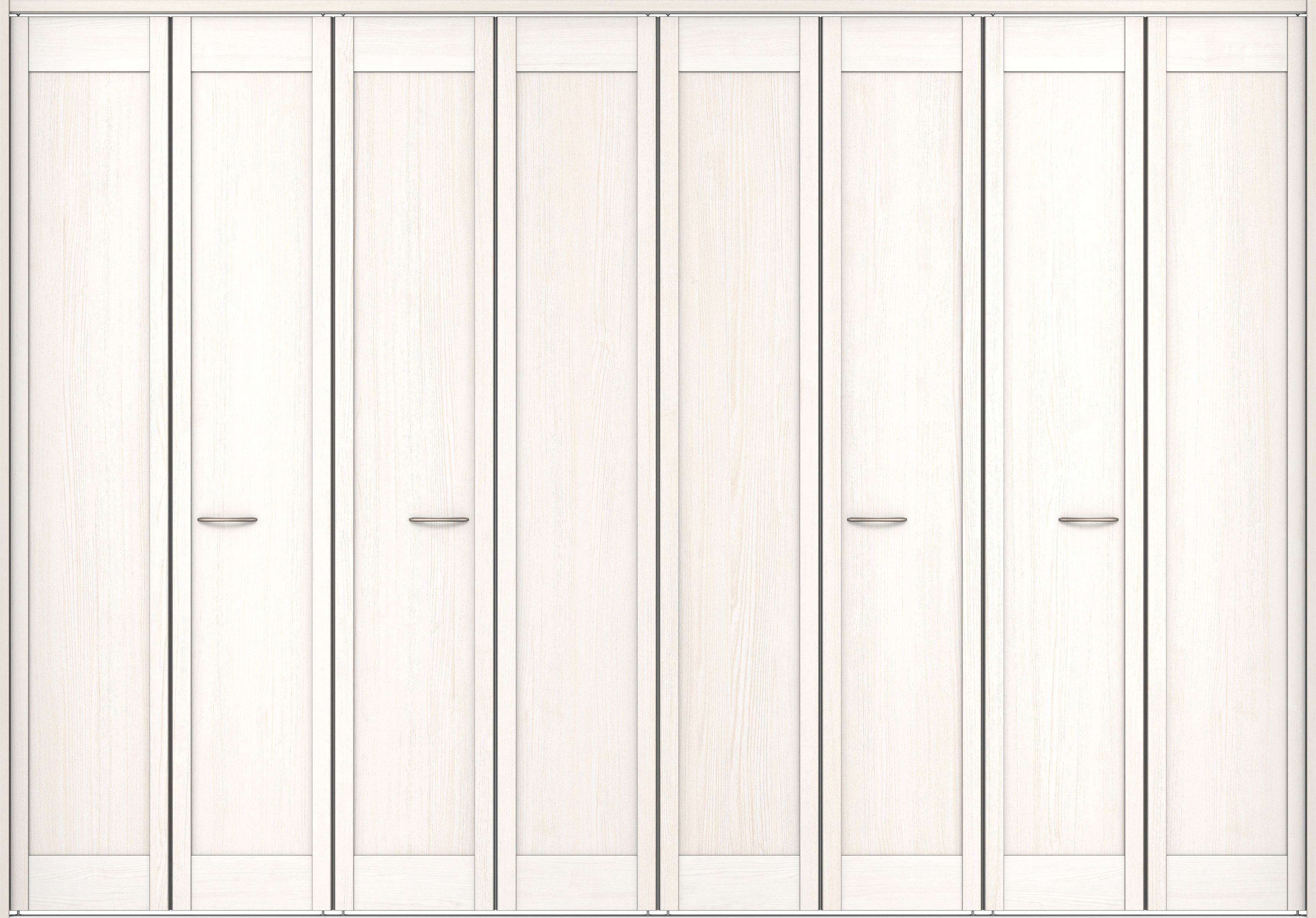 クローク収納　イエリア　折戸ユニット　カマチタイプ　ウッド扉　下レール付三方枠（固定枠）　セット　３３２７幅（１２尺間口）　２３２０高　〈ネオホワイト柄〉　ハンドルラウンド型〈Ｔシルバー色〉