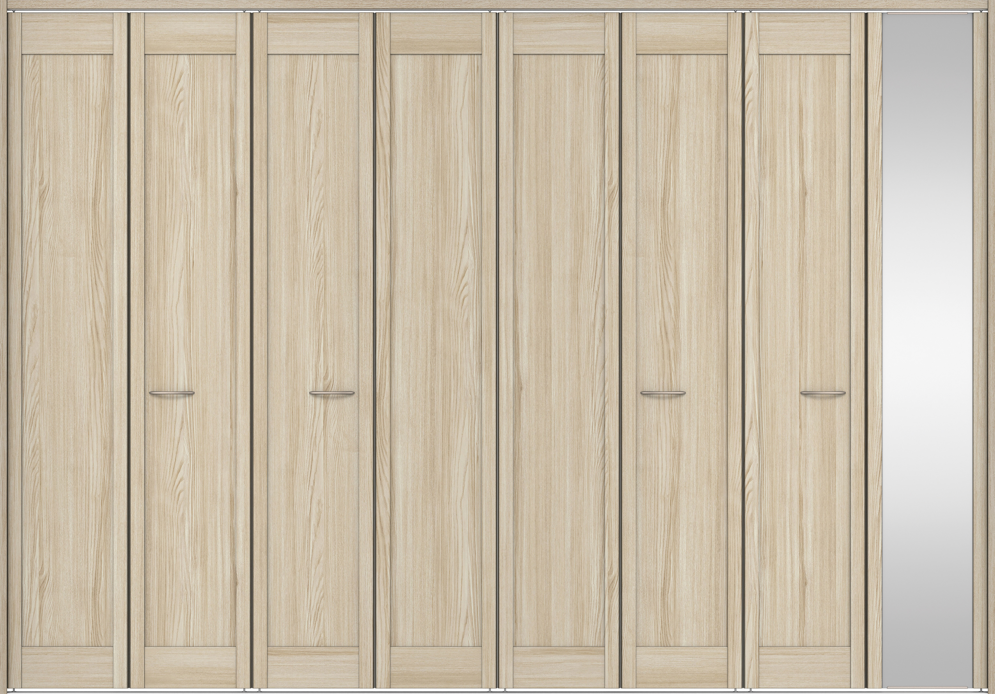 クローク収納　イエリア　折戸ユニット　カマチタイプ　ミラー扉　下レール付三方枠（固定枠）　セット　３３２７幅（１２尺間口）　２３２０高　〈ソフトグレージュ柄〉　ハンドルラウンド型〈Ｔシルバー色〉