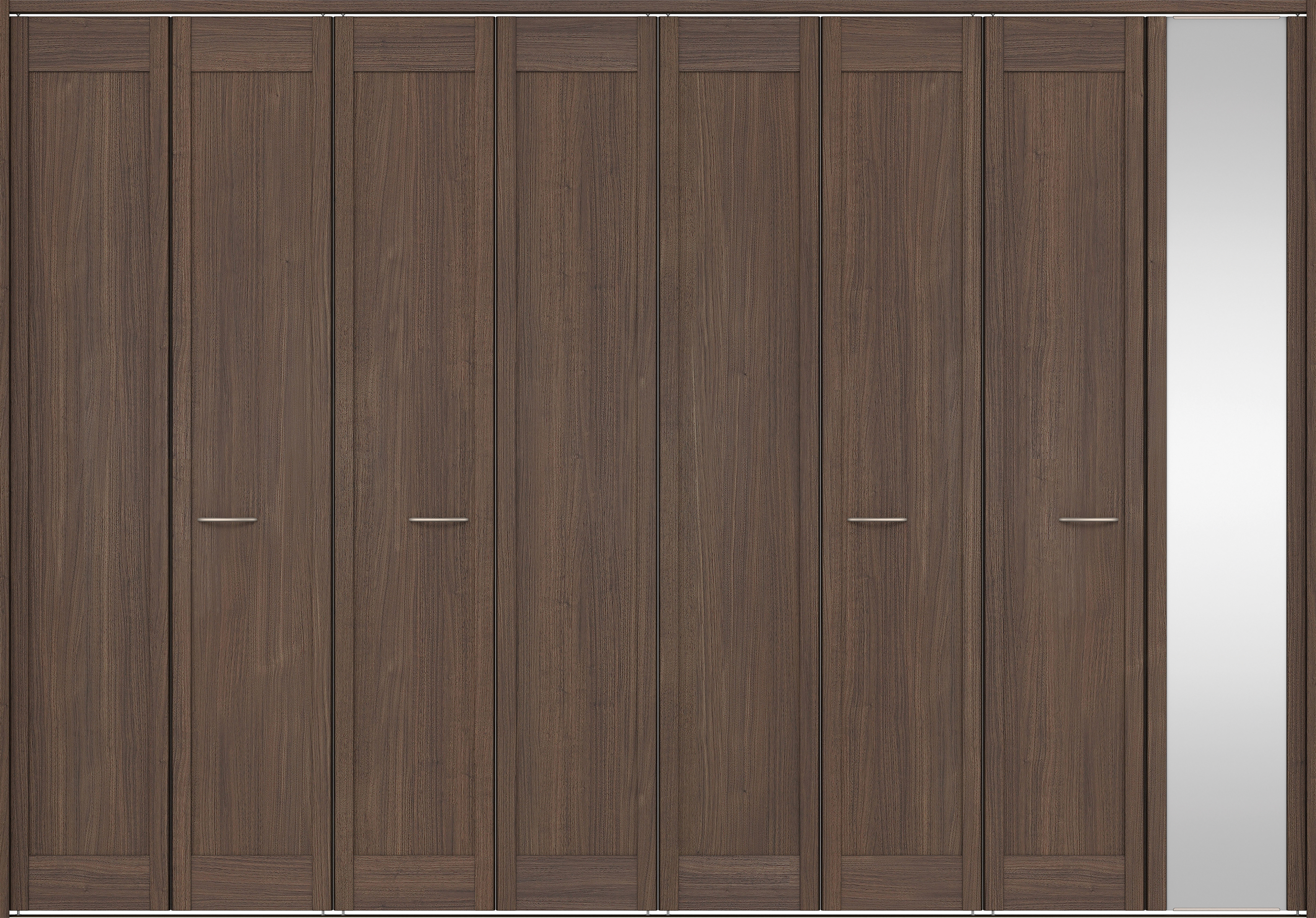 クローク収納　イエリア　折戸ユニット　カマチタイプ　ミラー扉　下レール付三方枠（固定枠）　セット　３３２７幅（１２尺間口）　２３２０高　〈ダルブラウン柄〉　ハンドルラウンド型〈Ｔシルバー色〉