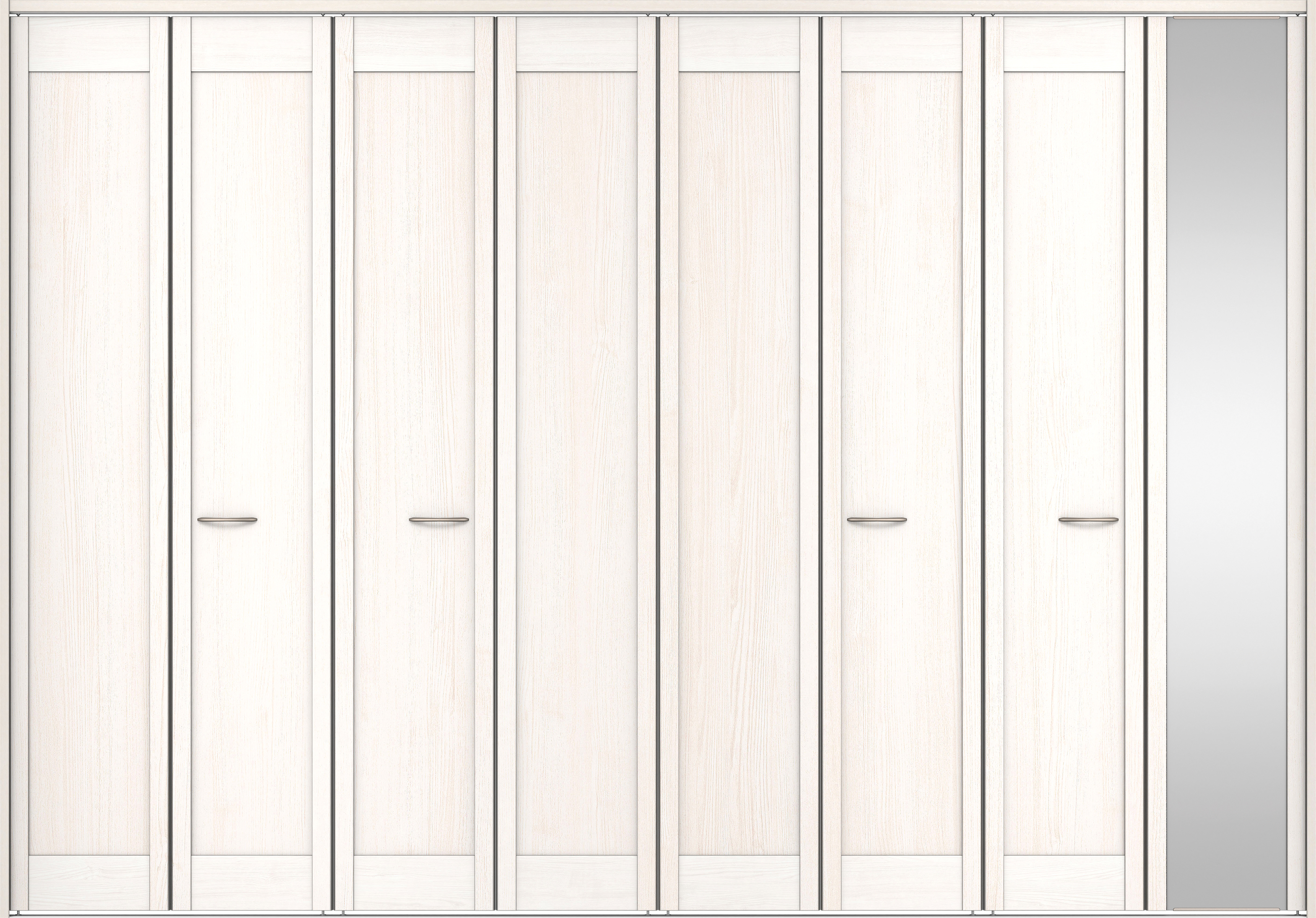 クローク収納　イエリア　折戸ユニット　カマチタイプ　ミラー扉　下レール付三方枠（固定枠）　セット　３３２７幅（１２尺間口）　２３２０高　〈ネオホワイト柄〉　ハンドルラウンド型〈Ｔシルバー色〉