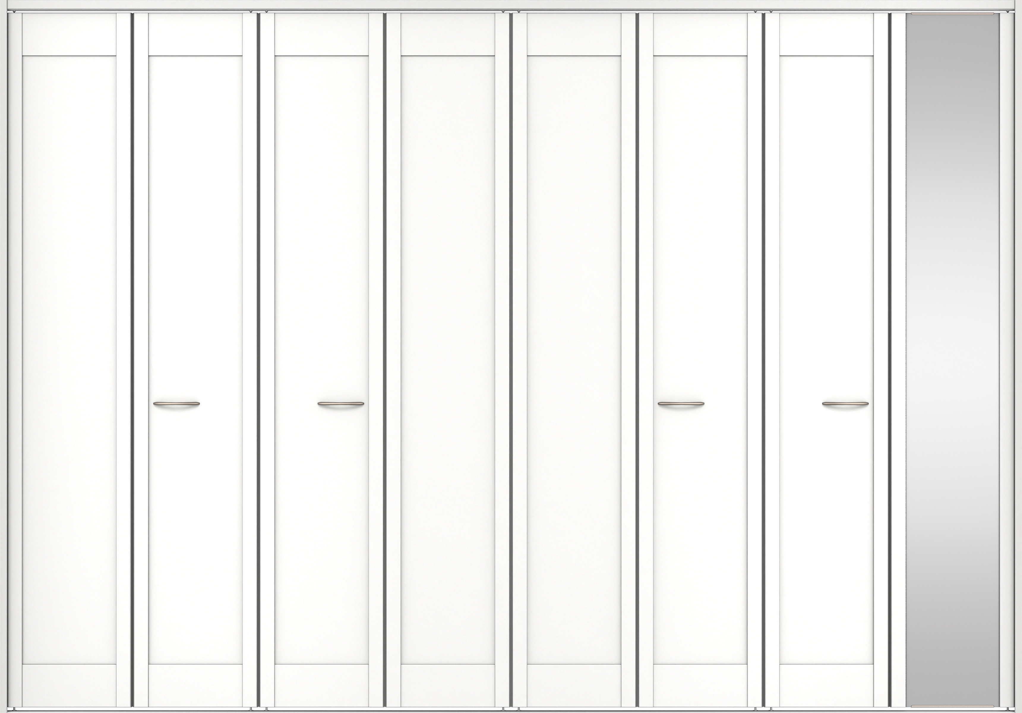 クローク収納　イエリア　折戸ユニット　カマチタイプ　ミラー扉　下レール付三方枠（固定枠）　セット　３３２７幅（１２尺間口）　２３２０高　〈パウダーホワイト柄〉　ハンドルラウンド型〈Ｔシルバー色〉