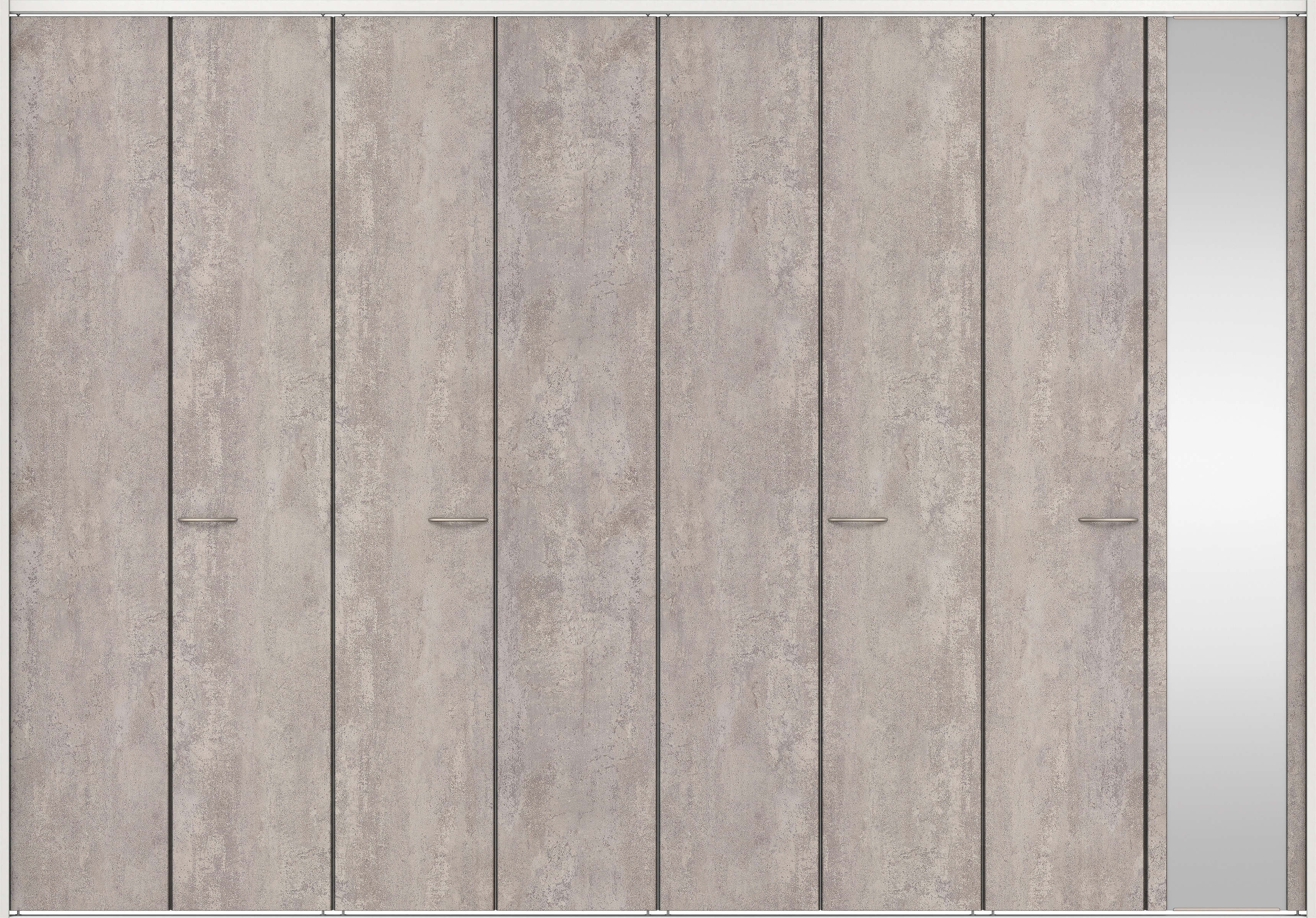 クローク収納　イエリア　折戸ユニット　フラットタイプ　ミラー扉　下レール付三方枠（固定枠）　セット　３３２７幅（１２尺間口）　２３２０高　〈コンクリートグレー柄〉　ハンドル角型〈鏡面クローム仕上げ〉