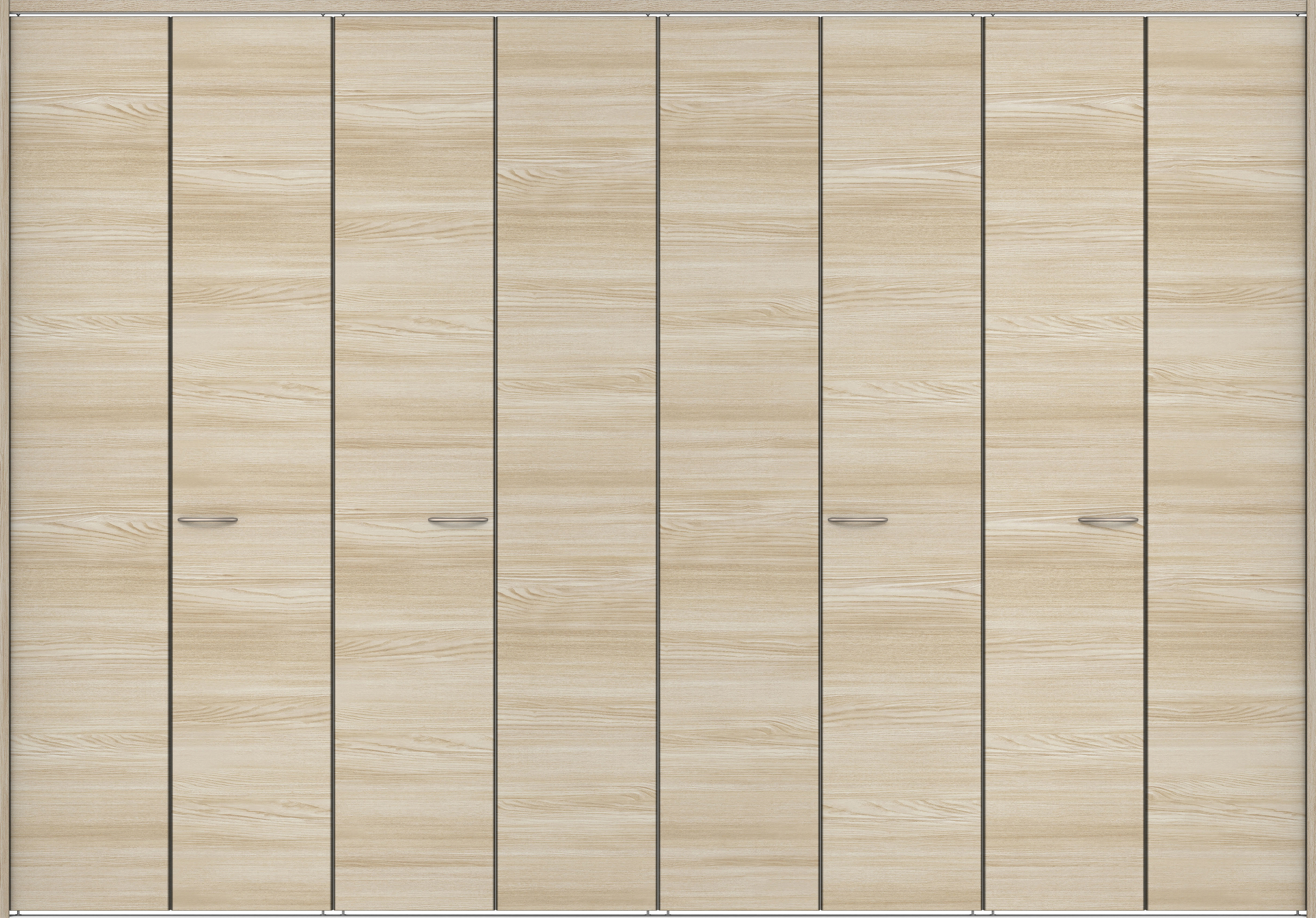 クローク収納　イエリア　折戸ユニット　フラット横木目　ウッド扉　下レール付三方枠（固定枠）　セット　３３２７幅（１２尺間口）　２３２０高　〈ソフトグレージュ柄〉　ハンドルラウンド型〈Ｔシルバー色〉