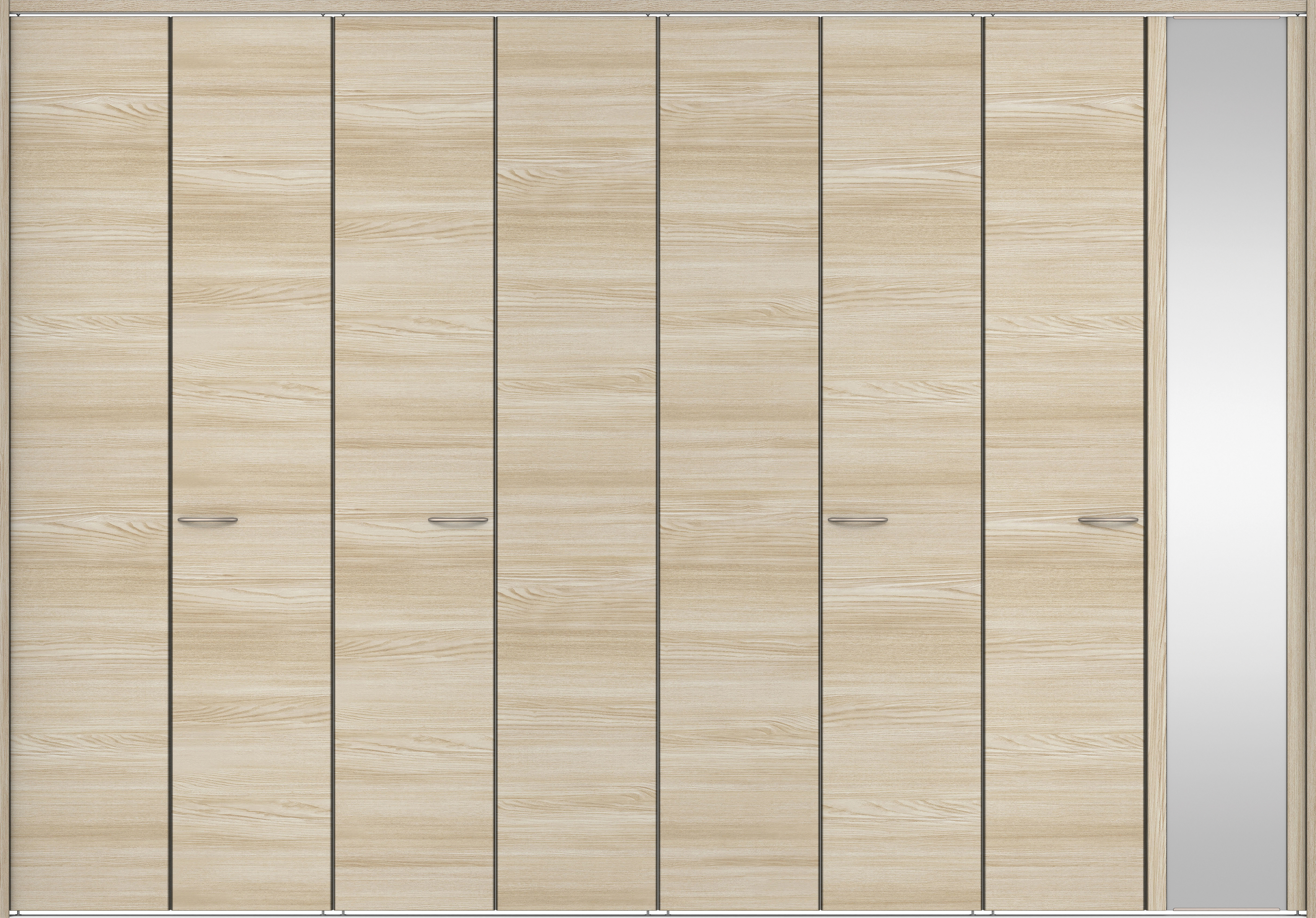 クローク収納　イエリア　折戸ユニット　フラット横木目タイプ　ミラー扉　下レール付三方枠（固定枠）　セット　３６０７幅（４Ｍ間口）　２３２０高　〈ソフトグレージュ柄〉　ハンドルラウンド型〈Ｔシルバー色〉