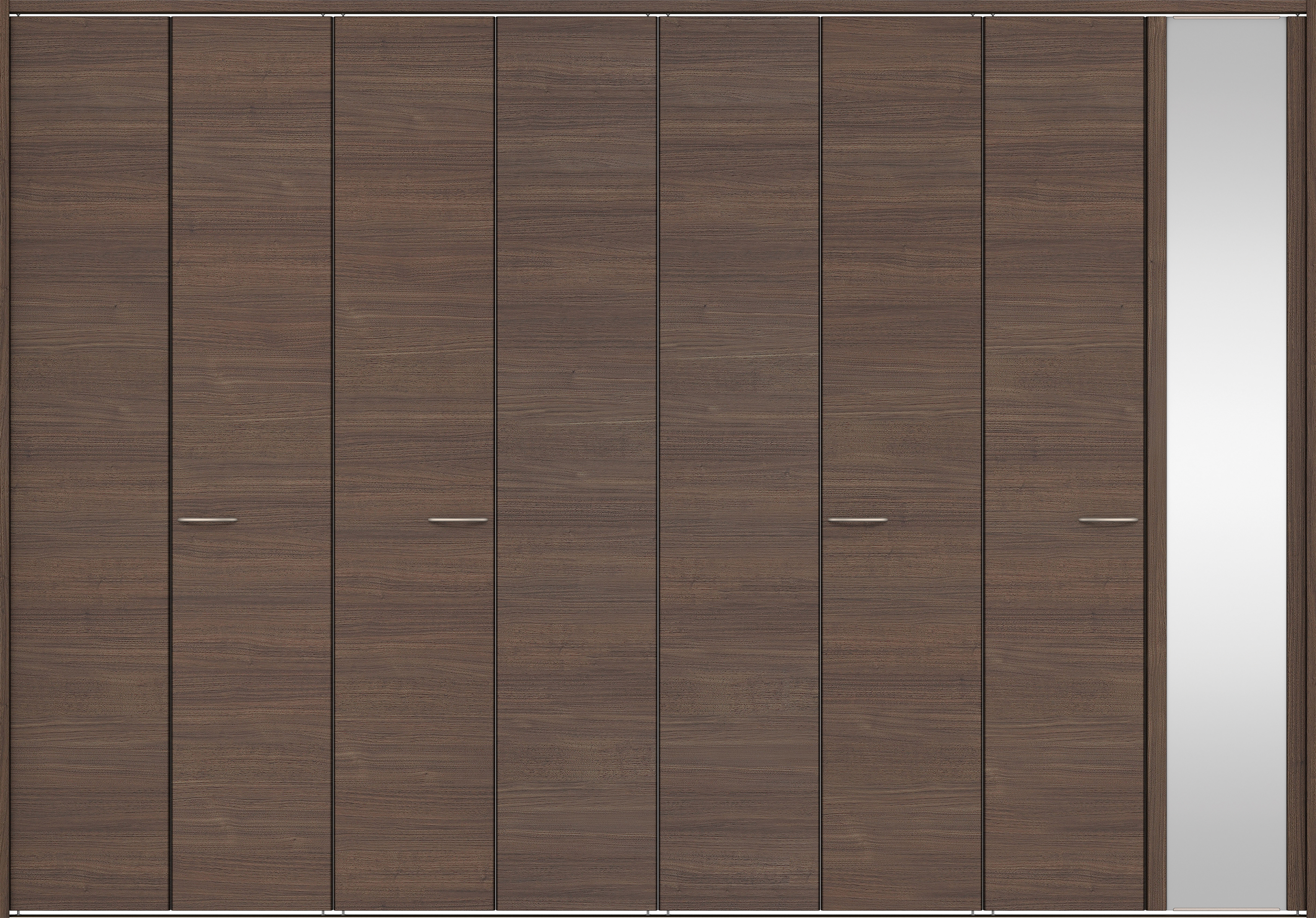 クローク収納　イエリア　折戸ユニット　フラット横木目タイプ　ミラー扉　下レール付三方枠（固定枠）　セット　３６０７幅（４Ｍ間口）　２３２０高　〈ダルブラウン柄〉　ハンドルラウンド型〈Ｔシルバー色〉