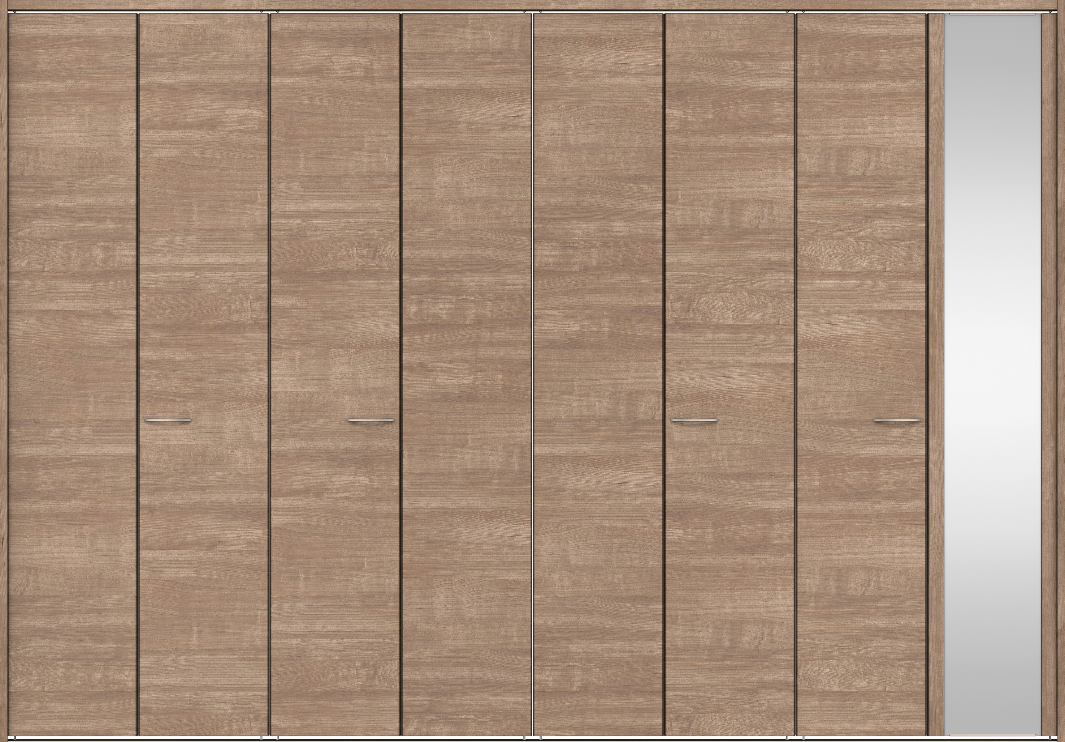 クローク収納　イエリア　折戸ユニット　フラット横木目タイプ　ミラー扉　下レール付三方枠（固定枠）　セット　３６０７幅（４Ｍ間口）　２３２０高　〈トープグレー柄〉　ハンドルラウンド型〈Ｔシルバー色〉