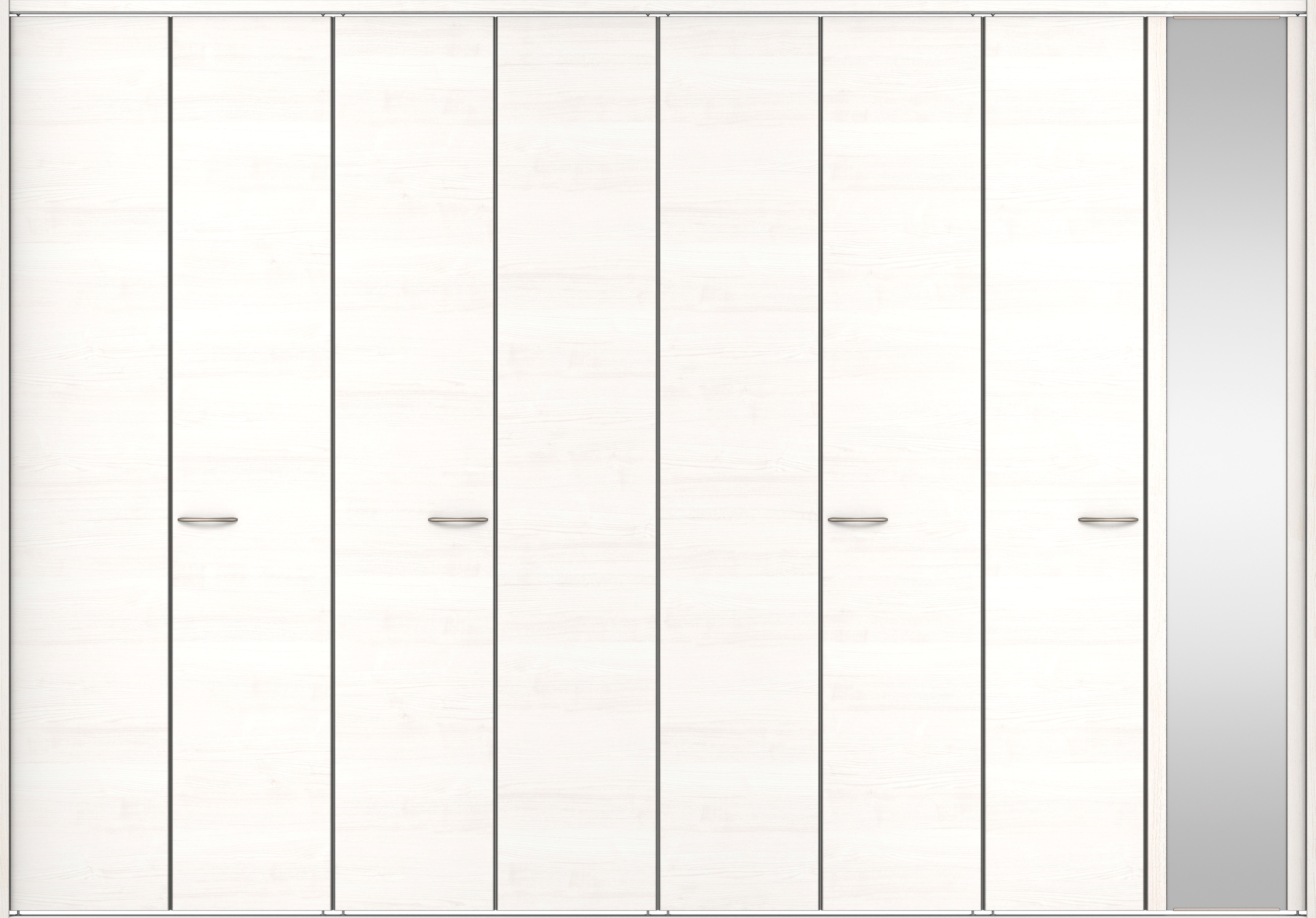 クローク収納　イエリア　折戸ユニット　フラット横木目タイプ　ミラー扉　下レール付三方枠（固定枠）　セット　３６０７幅（４Ｍ間口）　２３２０高　〈ネオホワイト柄〉　ハンドルラウンド型〈Ｔシルバー色〉