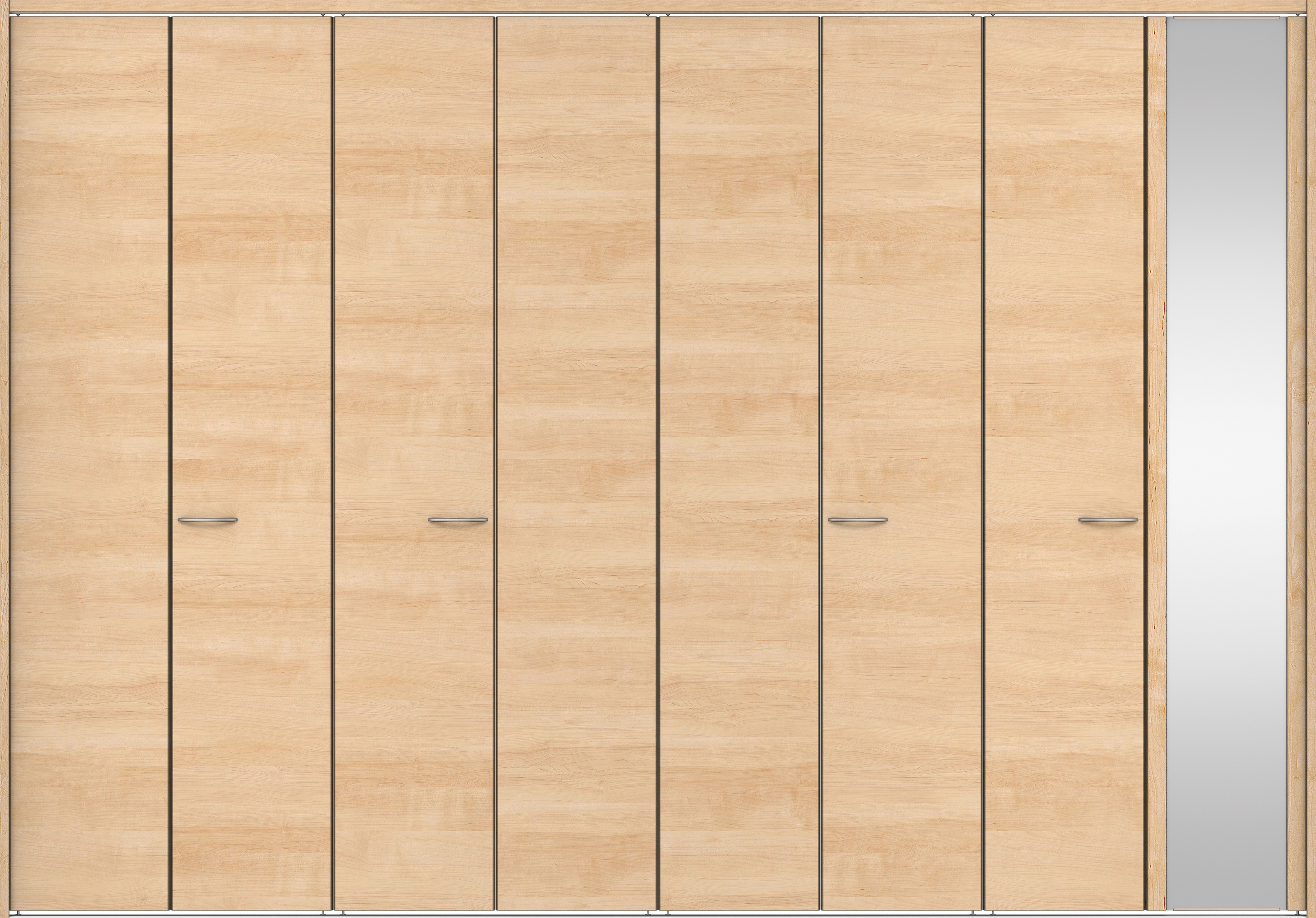 クローク収納　イエリア　折戸ユニット　フラット横木目タイプ　ミラー扉　下レール付三方枠（固定枠）　セット　３６０７幅（４Ｍ間口）　２３２０高　〈ミルベージュ柄〉　ハンドルラウンド型〈Ｔシルバー色〉