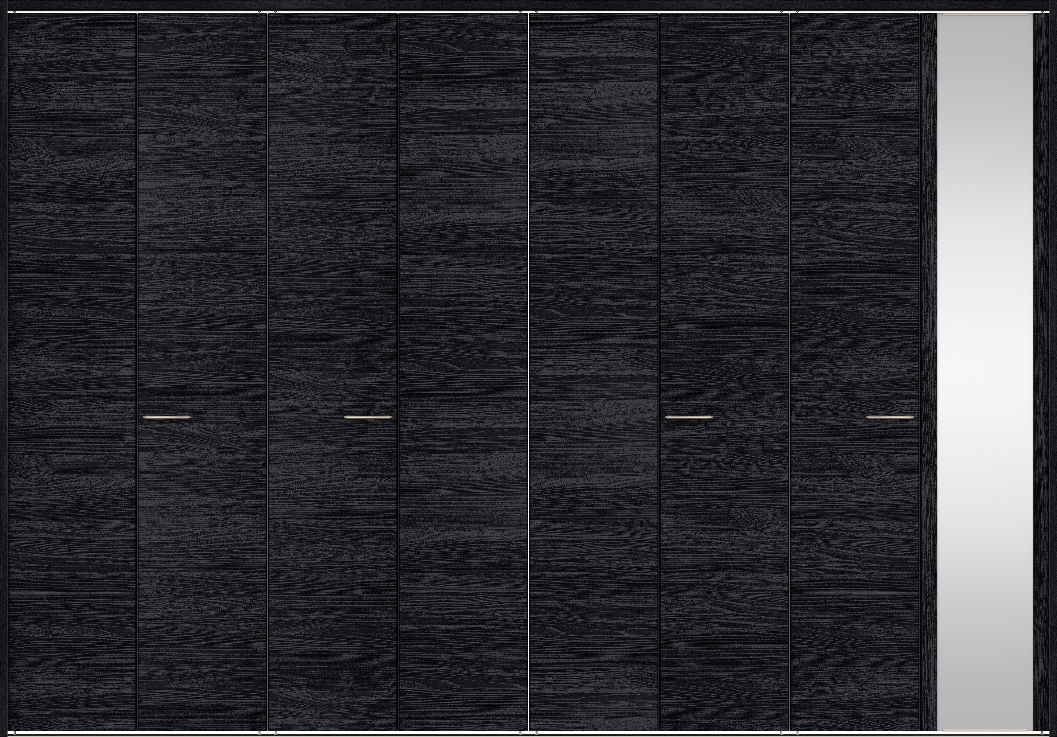 クローク収納　イエリア　折戸ユニット　フラット横木目タイプ　ミラー扉　下レール付三方枠（固定枠）　セット　３６０７幅（４Ｍ間口）　２３２０高　〈モスブラック柄〉　ハンドルラウンド型〈Ｔシルバー色〉