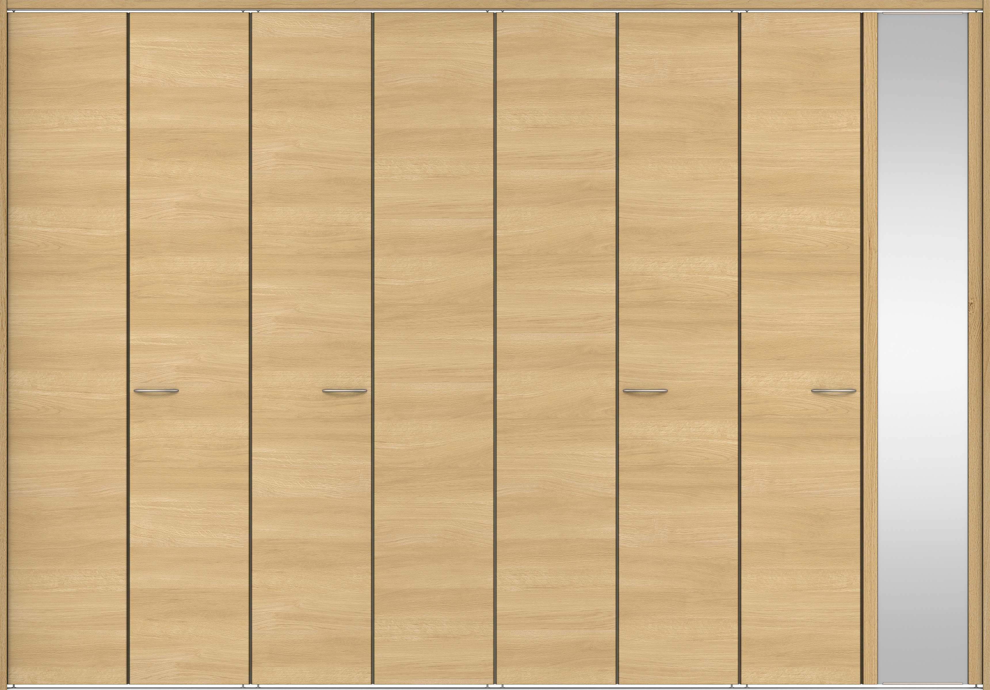 クローク収納　イエリア　折戸ユニット　フラット横木目タイプ　ミラー扉　下レール付三方枠（固定枠）　セット　３６０７幅（４Ｍ間口）　２３２０高　〈ライトオーカー柄〉　ハンドルラウンド型〈Ｔシルバー色〉