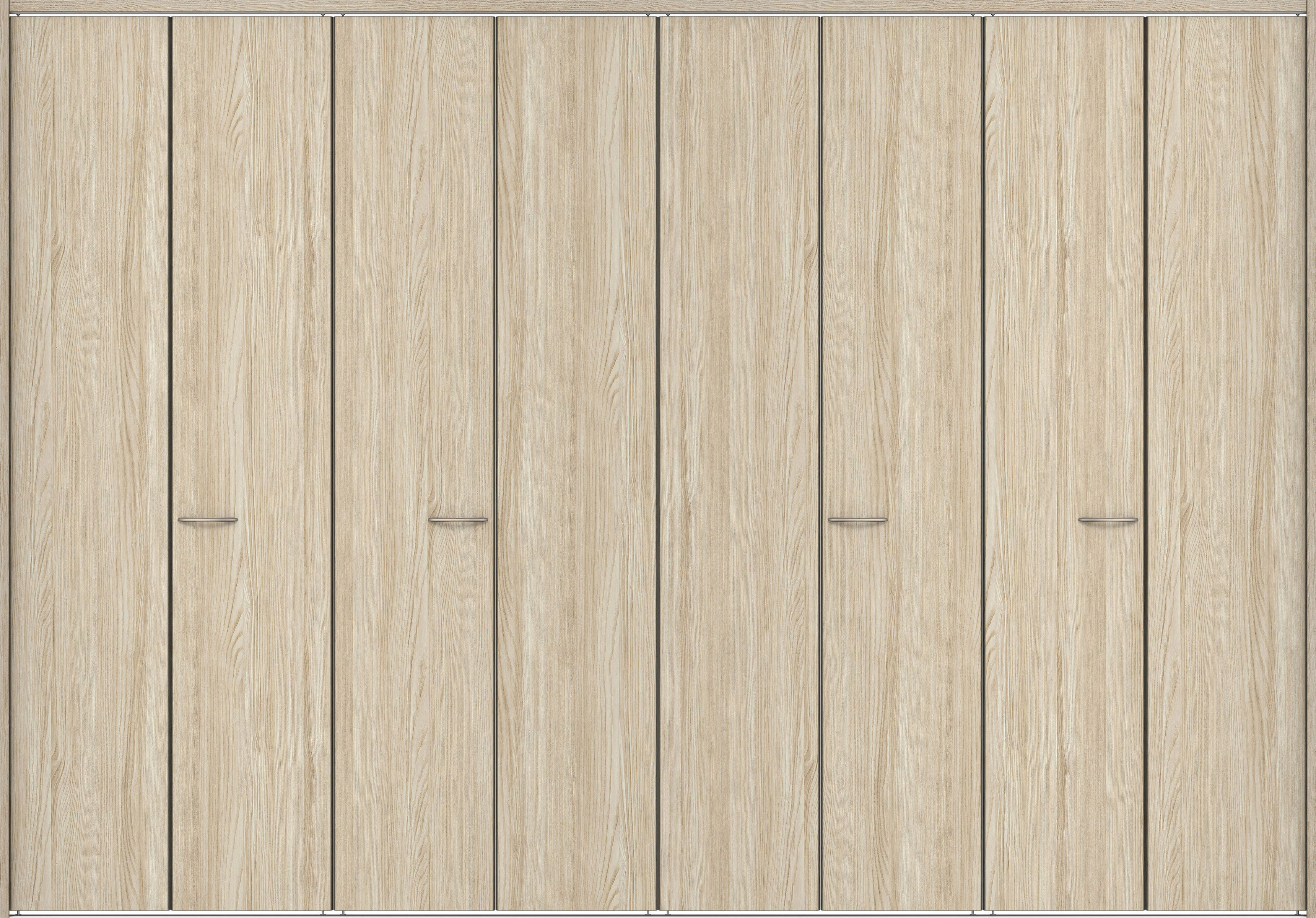 クローク収納　イエリア　折戸ユニット　フラット縦木目タイプ　ウッド扉　下レール付三方枠（固定枠）　セット　３６０７幅（４Ｍ間口）　２３２０高　〈ソフトグレージュ柄〉　ハンドルラウンド型〈Ｔシルバー色〉