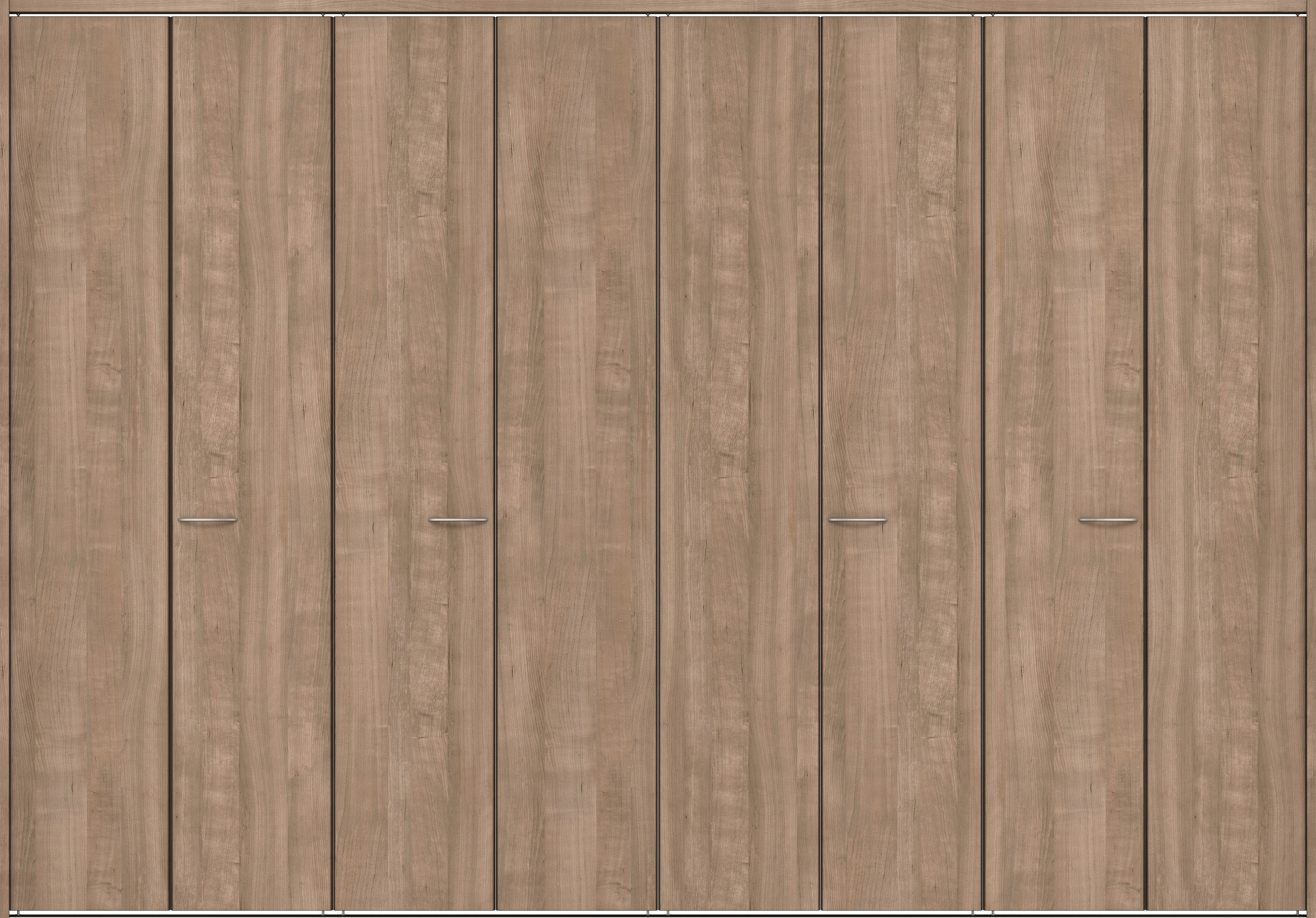 クローク収納　イエリア　折戸ユニット　フラット縦木目タイプ　ウッド扉　下レール付三方枠（固定枠）　セット　３６０７幅（４Ｍ間口）　２３２０高　〈トープグレー柄〉　ハンドルラウンド型〈Ｔシルバー色〉