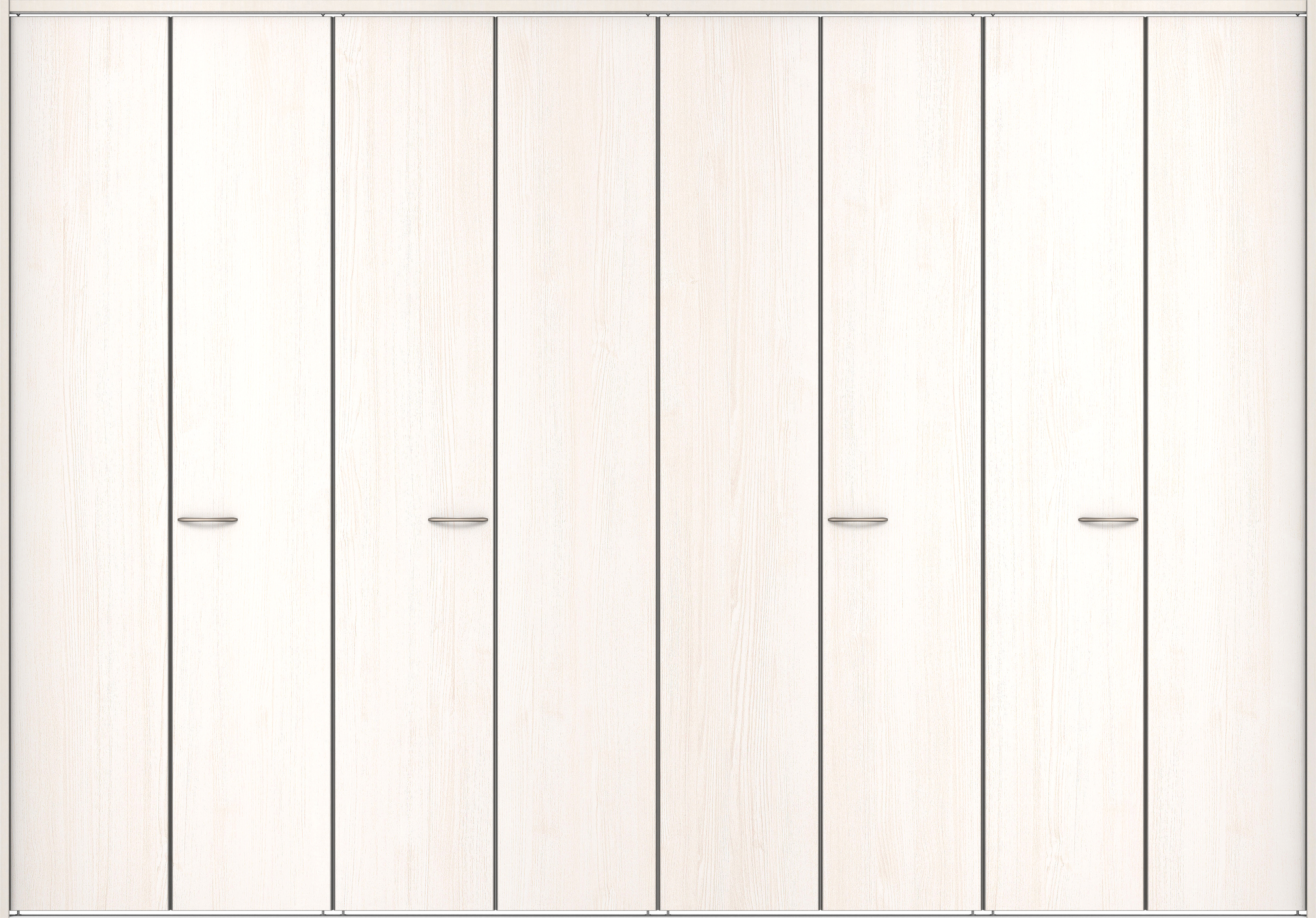 クローク収納　イエリア　折戸ユニット　フラット縦木目タイプ　ウッド扉　下レール付三方枠（固定枠）　セット　３６０７幅（４Ｍ間口）　２３２０高　〈ネオホワイト柄〉　ハンドルラウンド型〈Ｔシルバー色〉