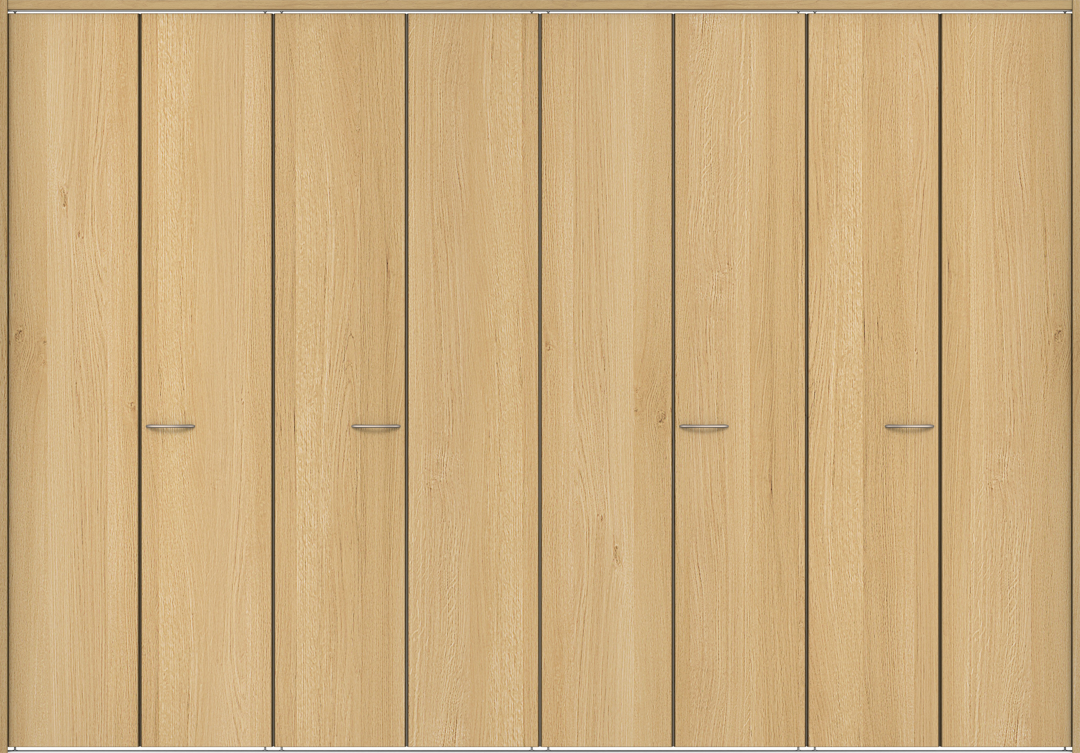 クローク収納　イエリア　折戸ユニット　フラット縦木目タイプ　ウッド扉　下レール付三方枠（固定枠）　セット　３６０７幅（４Ｍ間口）　２３２０高　〈ライトオーカー柄〉　ハンドルラウンド型〈Ｔシルバー色〉