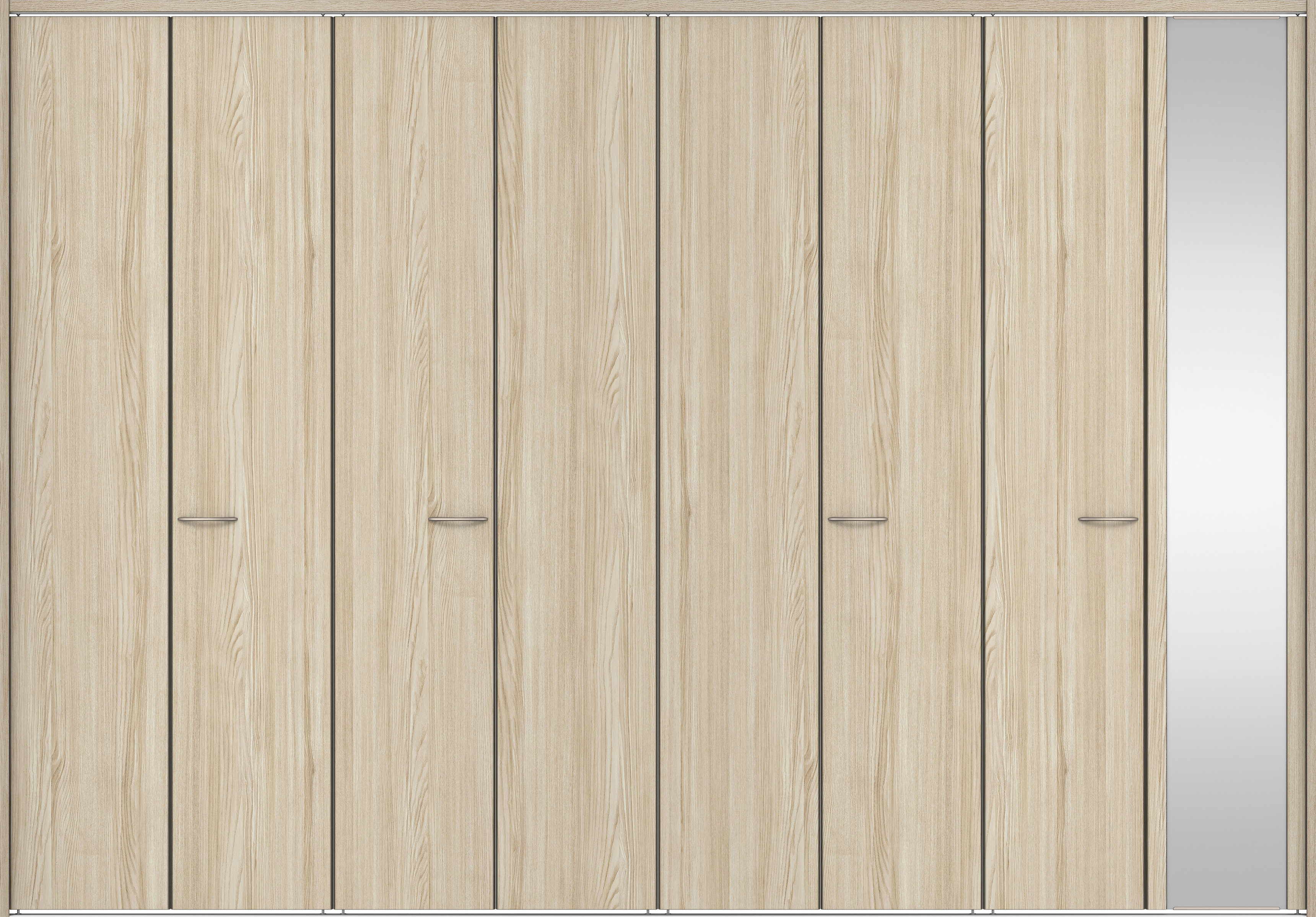 クローク収納　イエリア　折戸ユニット　フラット縦木目タイプ　ミラー扉　下レール付三方枠（固定枠）　セット　３６０７幅（４Ｍ間口）　２３２０高　〈ソフトグレージュ柄〉　ハンドルラウンド型〈Ｔシルバー色〉