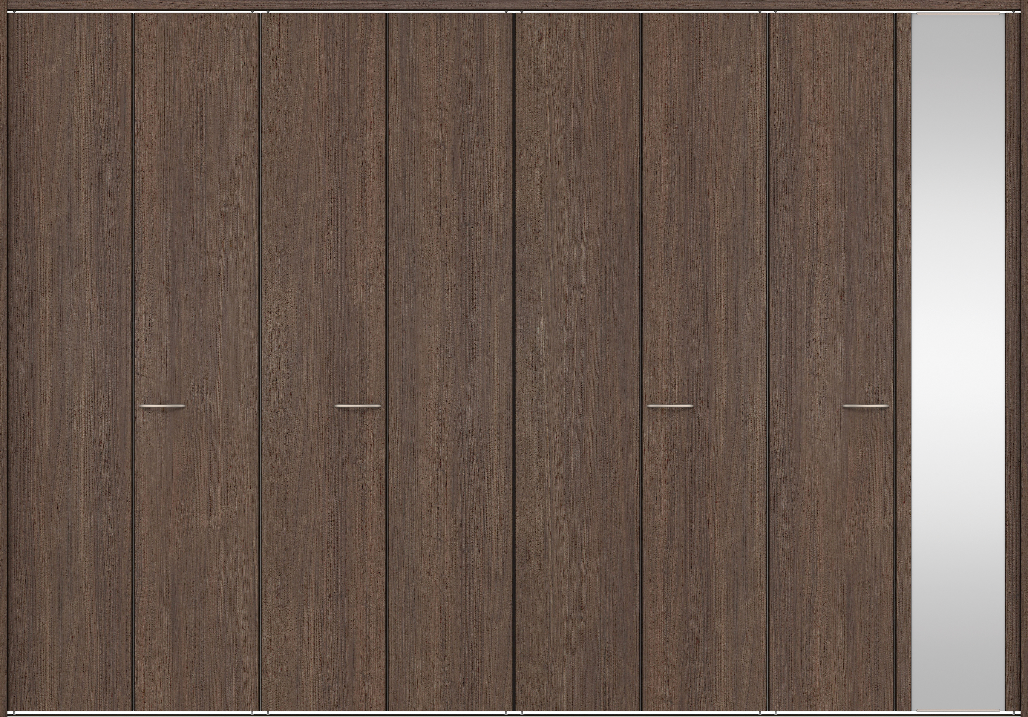 クローク収納　イエリア　折戸ユニット　フラット縦木目タイプ　ミラー扉　下レール付三方枠（固定枠）　セット　３３２７幅（１２尺間口）　２３２０高　〈ダルブラウン柄〉　ハンドルラウンド型〈Ｔシルバー色〉