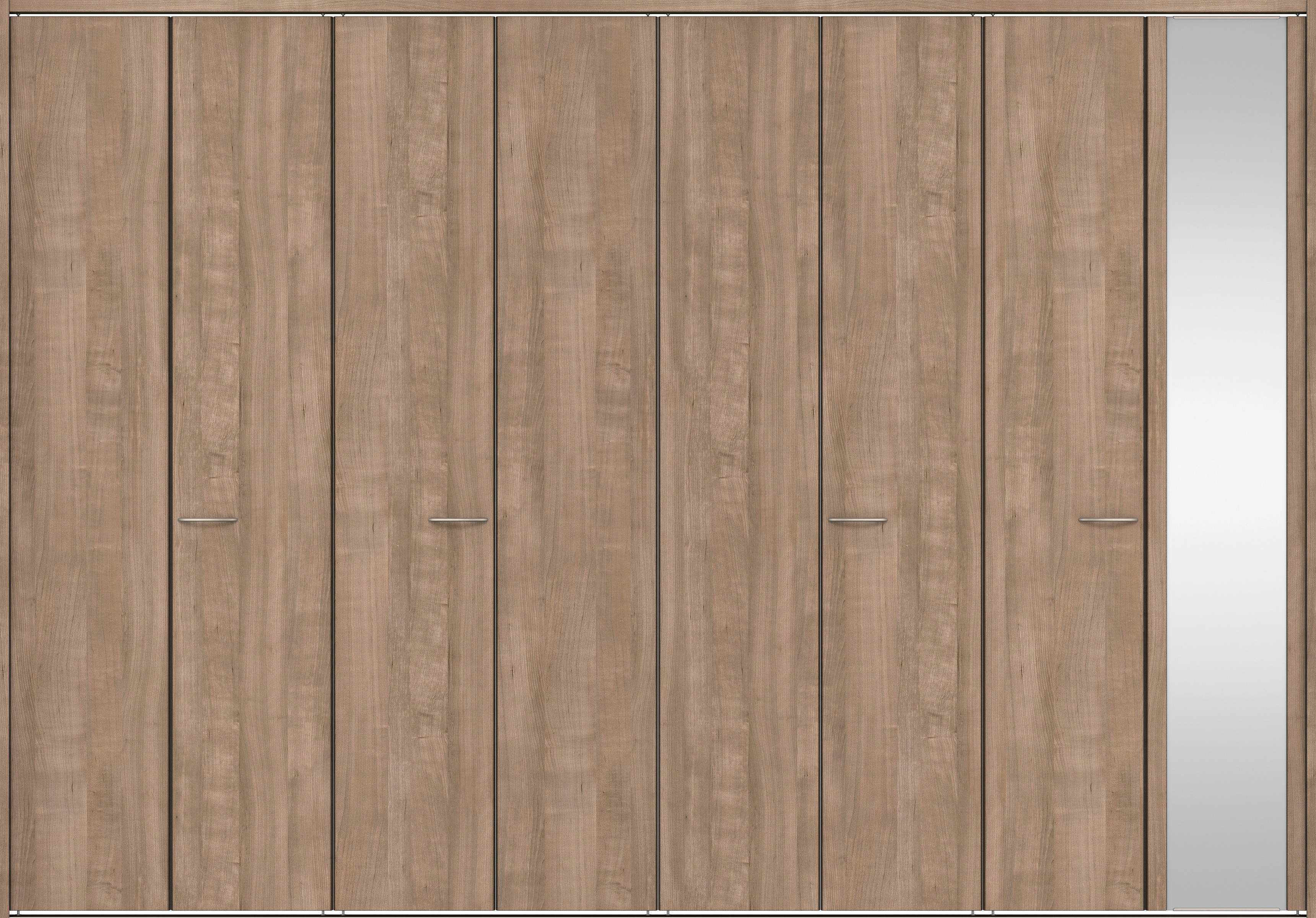 クローク収納　イエリア　折戸ユニット　フラット縦木目タイプ　ミラー扉　下レール付三方枠（固定枠）　セット　３６０７幅（４Ｍ間口）　２３２０高　〈トープグレー柄〉　ハンドルラウンド型〈Ｔシルバー色〉