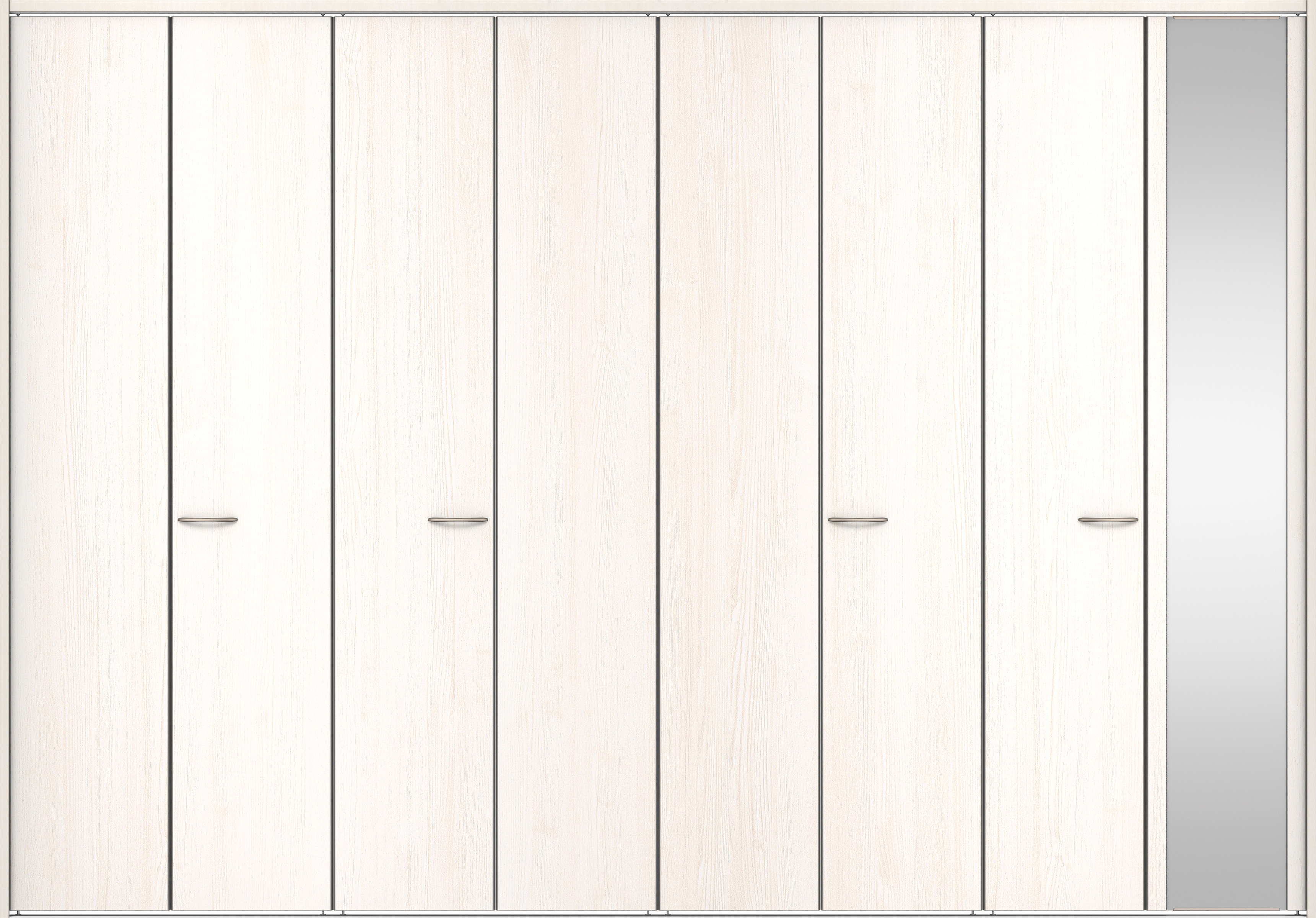 クローク収納　イエリア　折戸ユニット　フラット縦木目タイプ　ミラー扉　下レール付三方枠（固定枠）　セット　３６０７幅（４Ｍ間口）　２３２０高　〈ネオホワイト柄〉　ハンドルラウンド型〈Ｔシルバー色〉