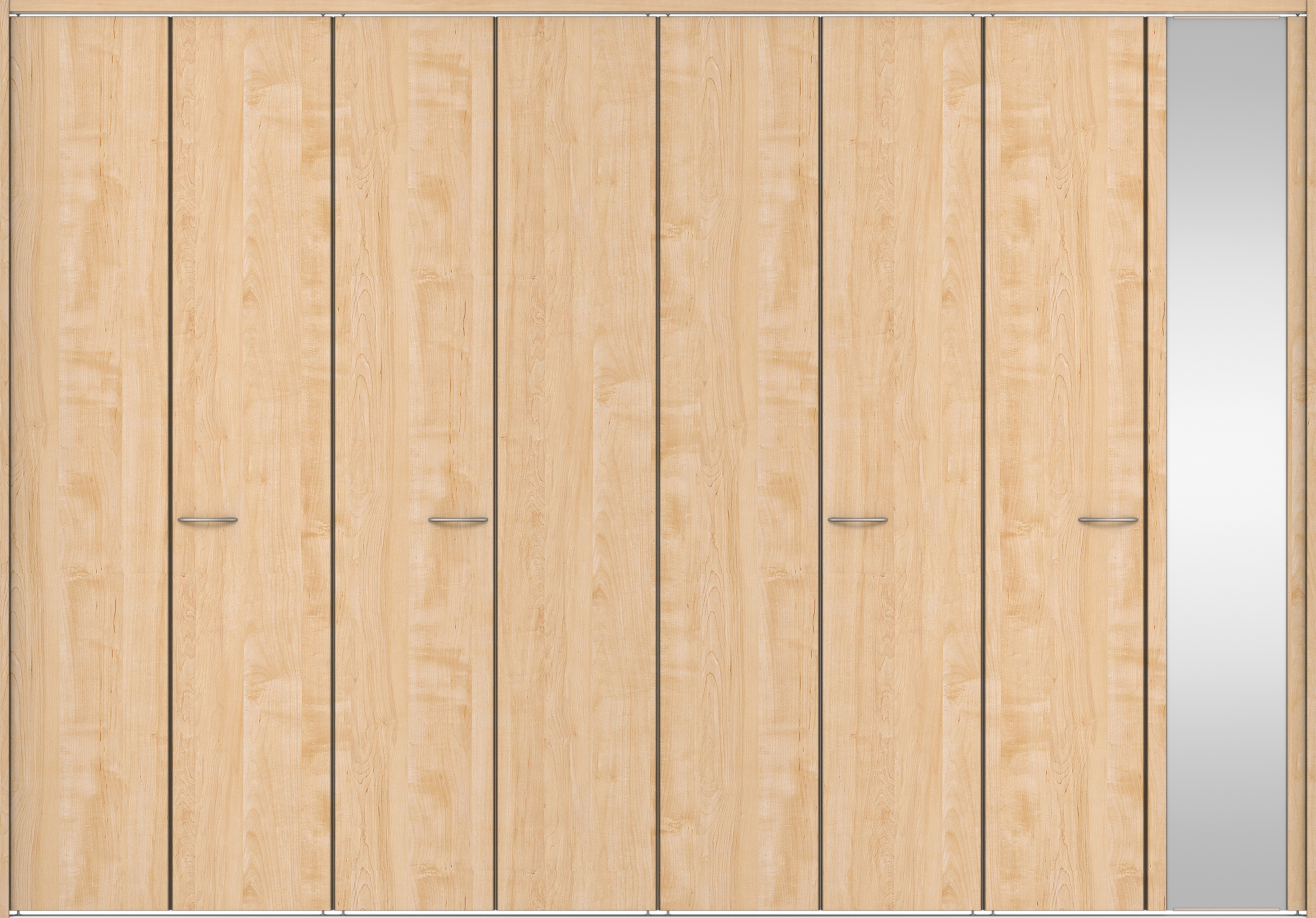 クローク収納　イエリア　折戸ユニット　フラット縦木目タイプ　ミラー扉　下レール付三方枠（固定枠）　セット　３６０７幅（４Ｍ間口）　２３２０高　〈ミルベージュ柄〉　ハンドルラウンド型〈Ｔシルバー色〉