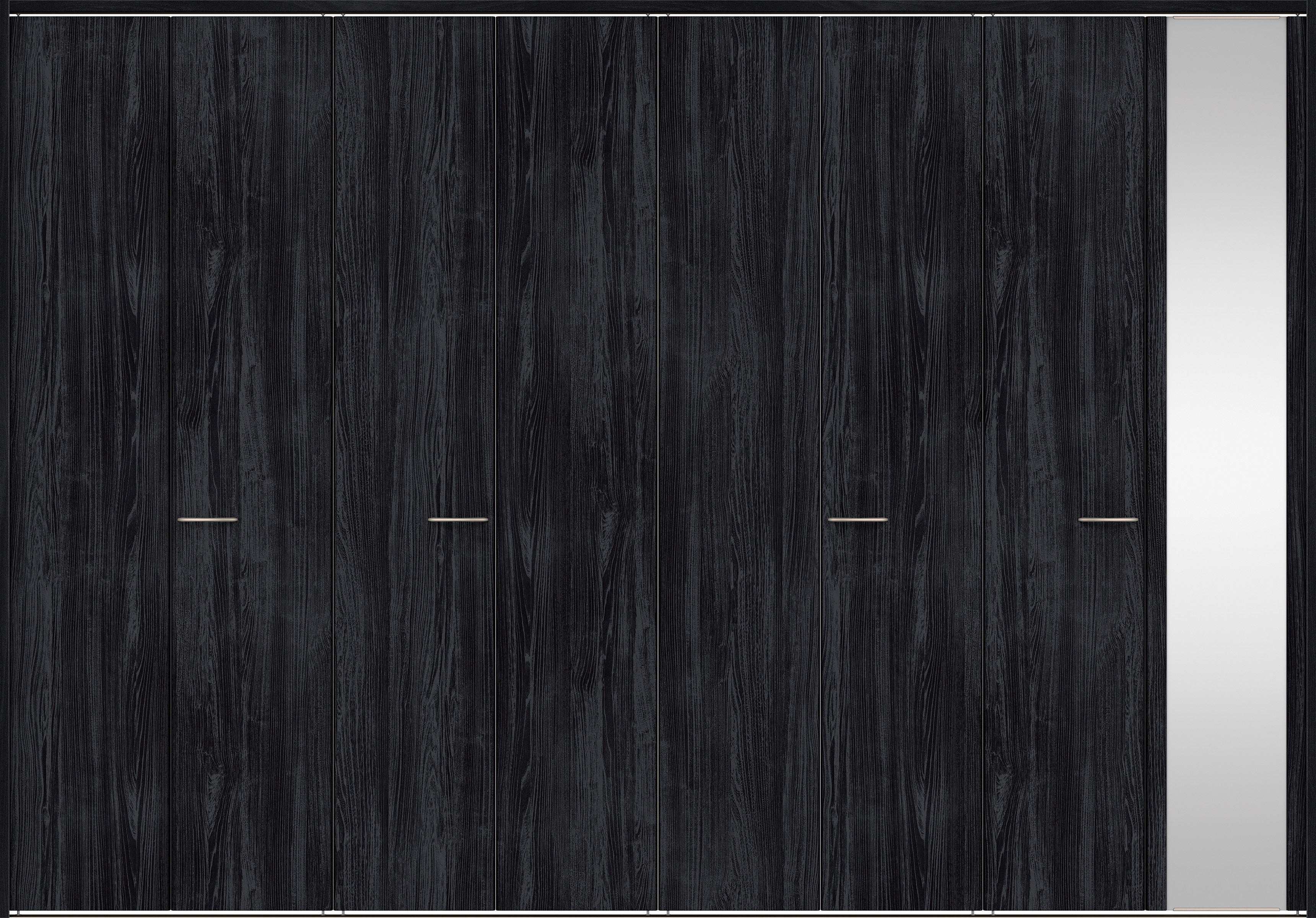 クローク収納　イエリア　折戸ユニット　フラット縦木目タイプ　ミラー扉　下レール付三方枠（固定枠）　セット　３６０７幅（４Ｍ間口）　２３２０高　〈モスブラック柄〉　ハンドルラウンド型〈Ｔシルバー色〉