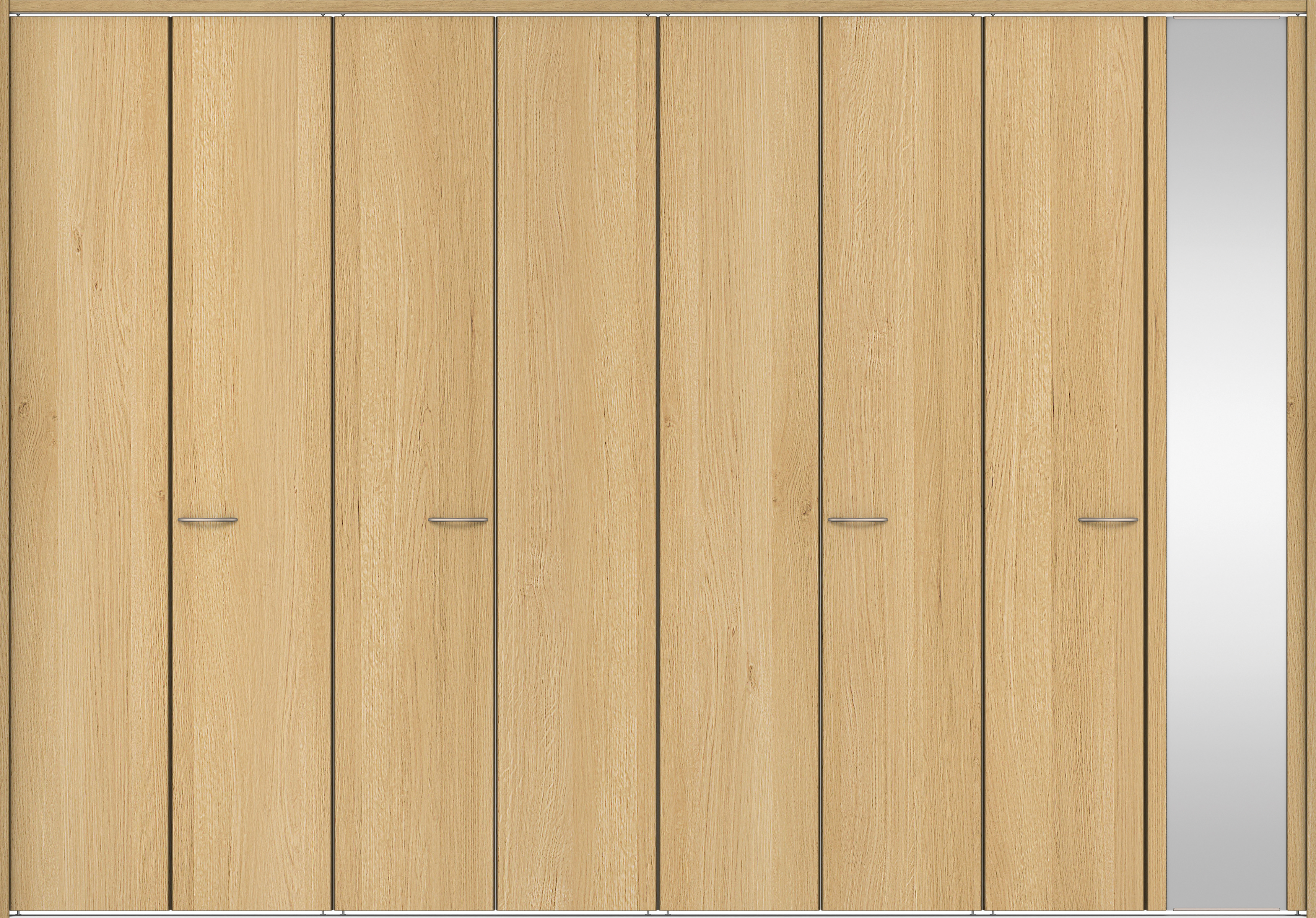 クローク収納　イエリア　折戸ユニット　フラット縦木目タイプ　ミラー扉　下レール付三方枠（固定枠）　セット　３３２７幅（１２尺間口）　２３２０高　〈ライトオーカー柄〉　ハンドルラウンド型〈Ｔシルバー色〉