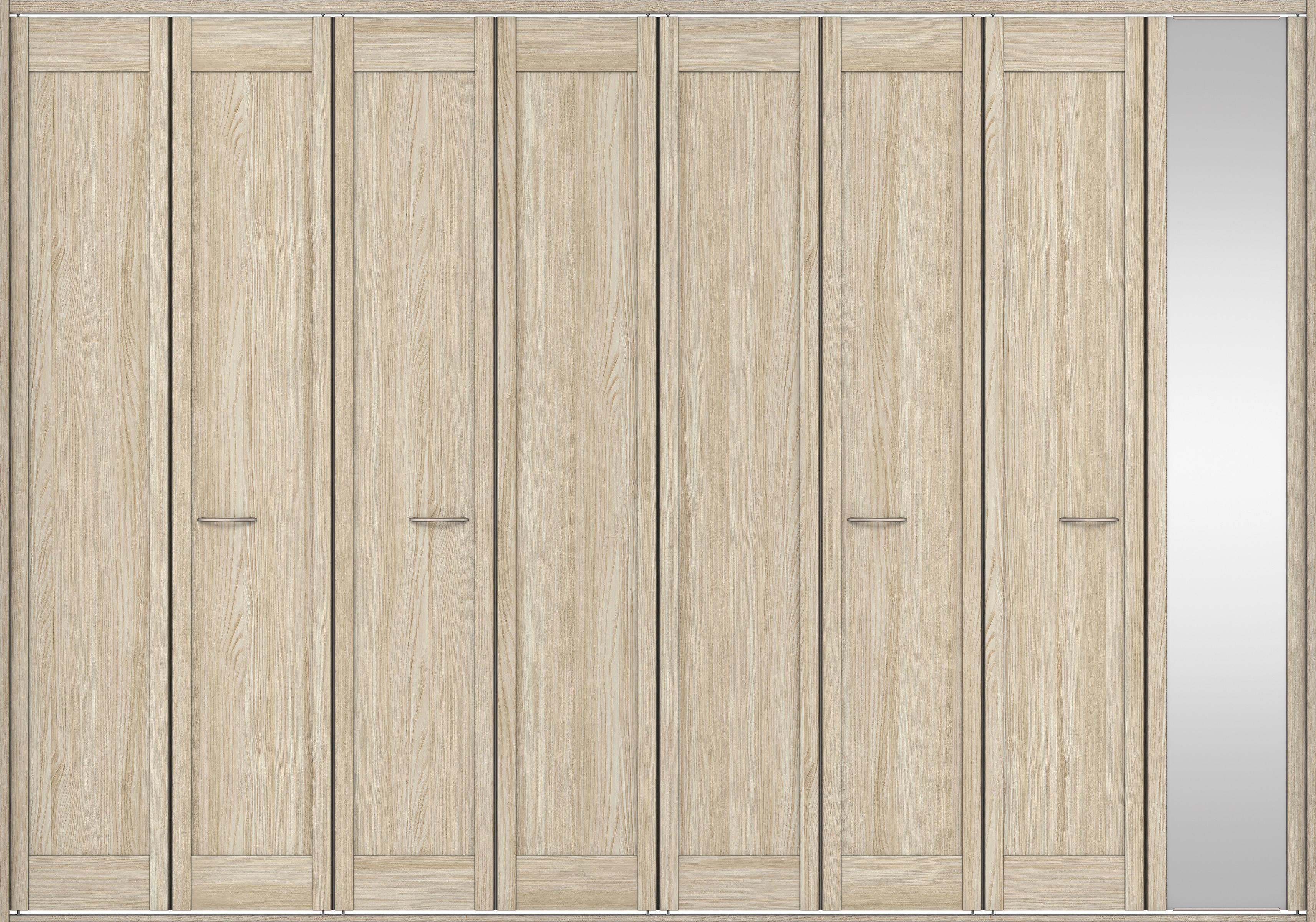 クローク収納　イエリア　折戸ユニット　カマチタイプ　ミラー扉　四方枠（固定枠）　セット　３３２７幅（１２尺間口）　２３３０高　〈ソフトグレージュ柄〉　ハンドルラウンド型〈Ｔシルバー色〉