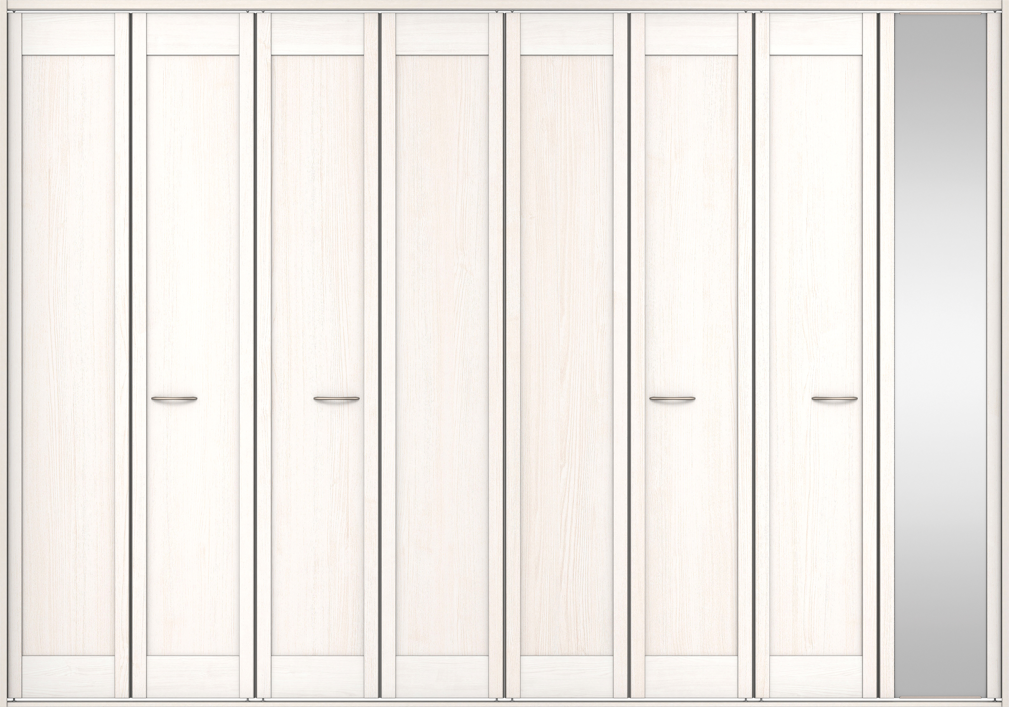 クローク収納　イエリア　折戸ユニット　カマチタイプ　ミラー扉　四方枠（固定枠）　セット　３３２７幅（１２尺間口）　２３３０高　〈ネオホワイト柄〉　ハンドルラウンド型〈Ｔシルバー色〉