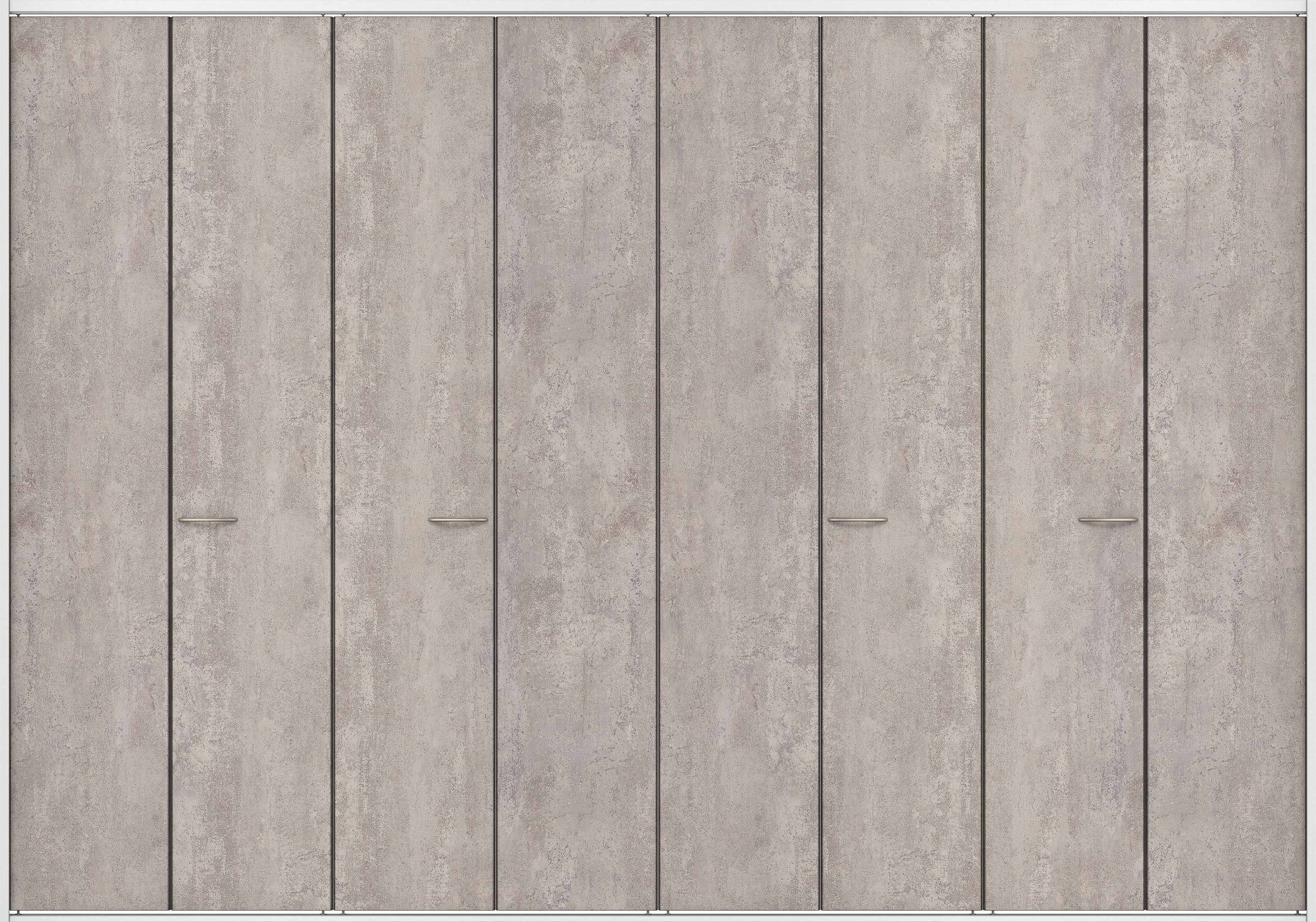 クローク収納　イエリア　折戸ユニット　フラットタイプ　パネル扉　四方枠（固定枠）　セット　３３２７幅（１２尺間口）　２３３０高　〈コンクリートグレー柄〉　ハンドルラウンド型〈鏡面クローム仕上げ〉