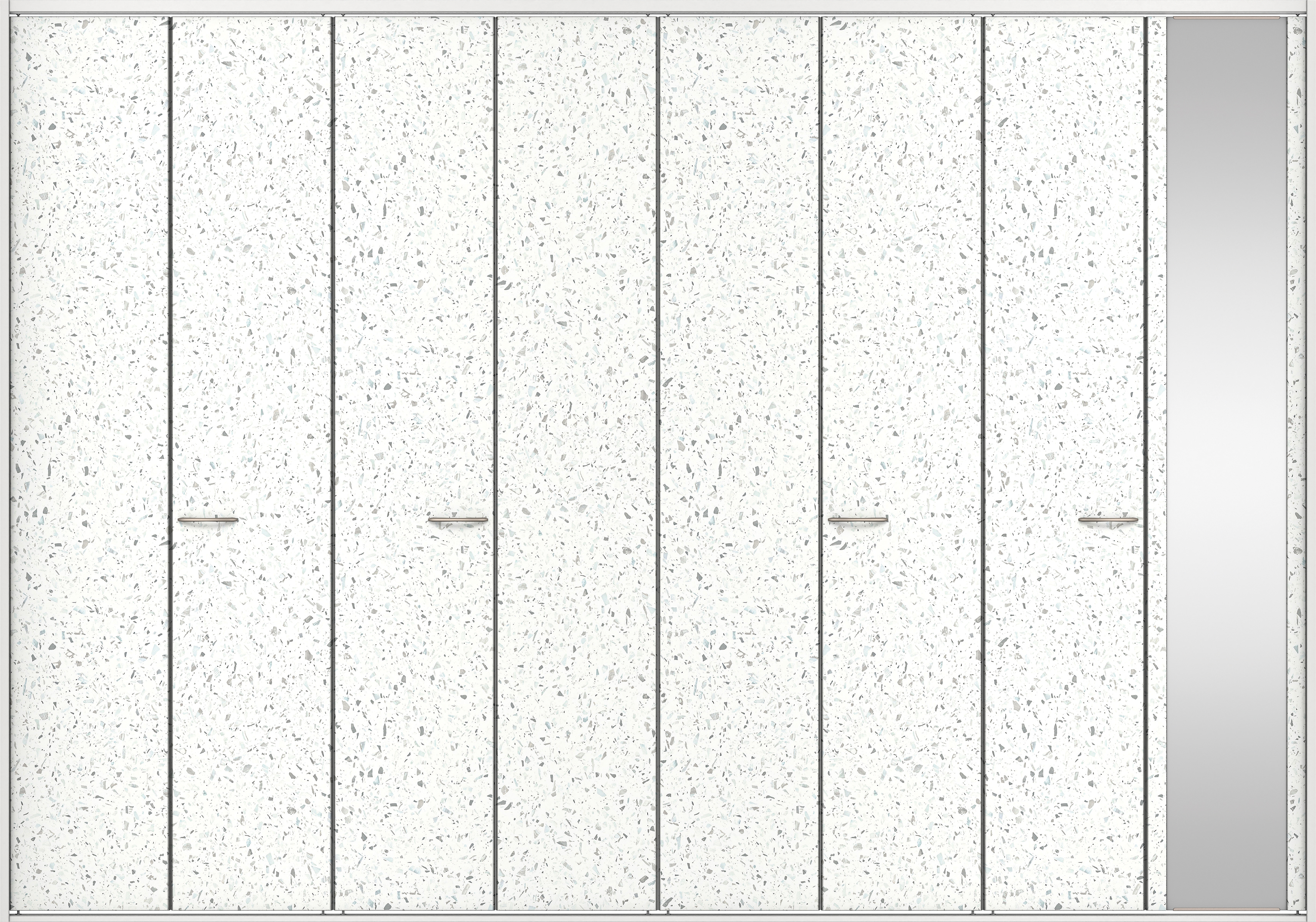 クローク収納　イエリア　折戸ユニット　フラットタイプ　ミラー扉　四方枠（固定枠）　セット　３３２７幅（１２尺間口）　２３３０高　〈テラゾホワイト柄〉　ハンドルラウンド型〈ブラック色〉