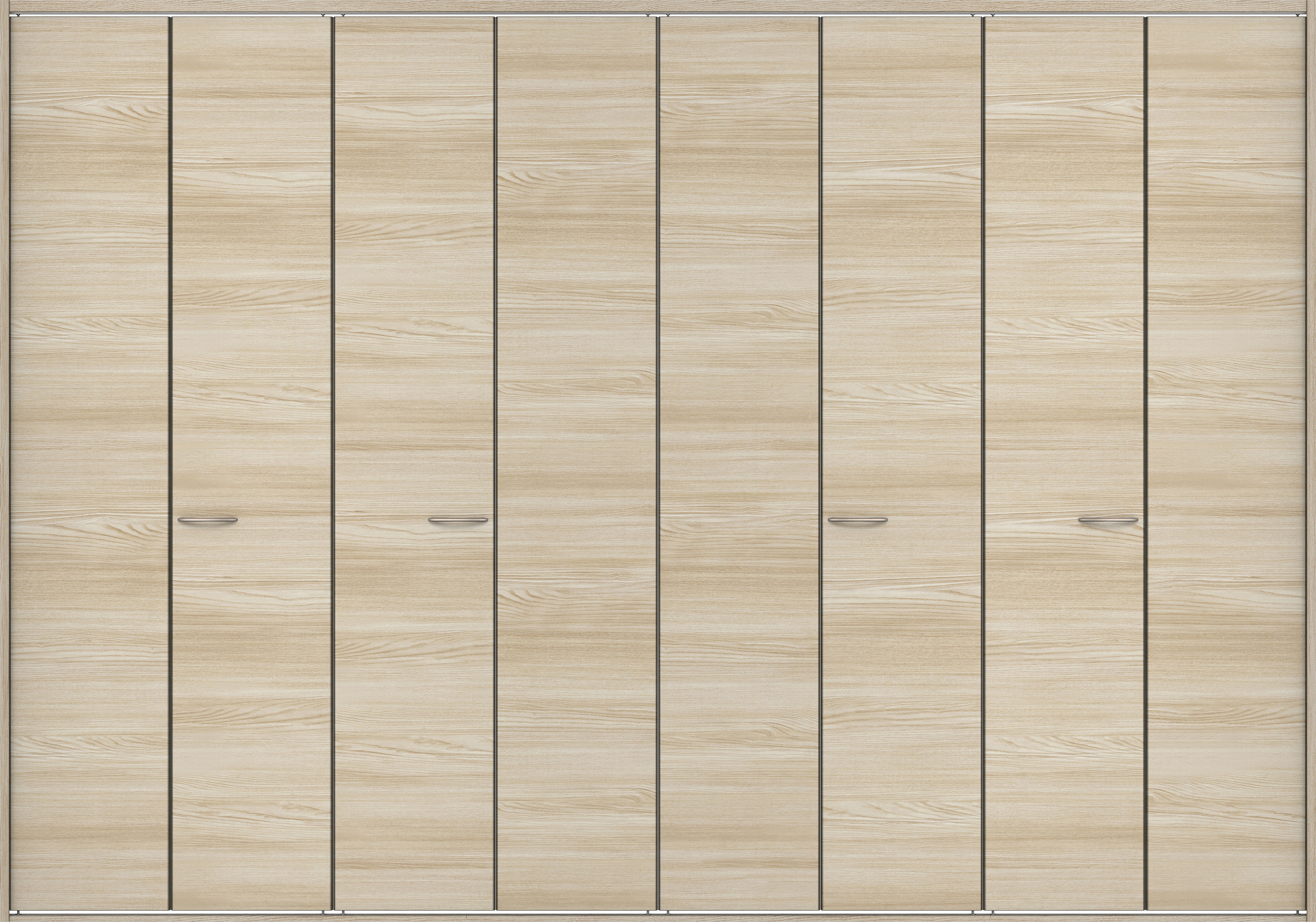 クローク収納　イエリア　折戸ユニット　フラット横木目タイプ　ウッド扉　四方枠（固定枠）　セット　３６０７幅（４Ｍ間口）　２３３０高　〈ソフトグレージュ柄〉　ハンドルラウンド型〈Ｔシルバー色〉