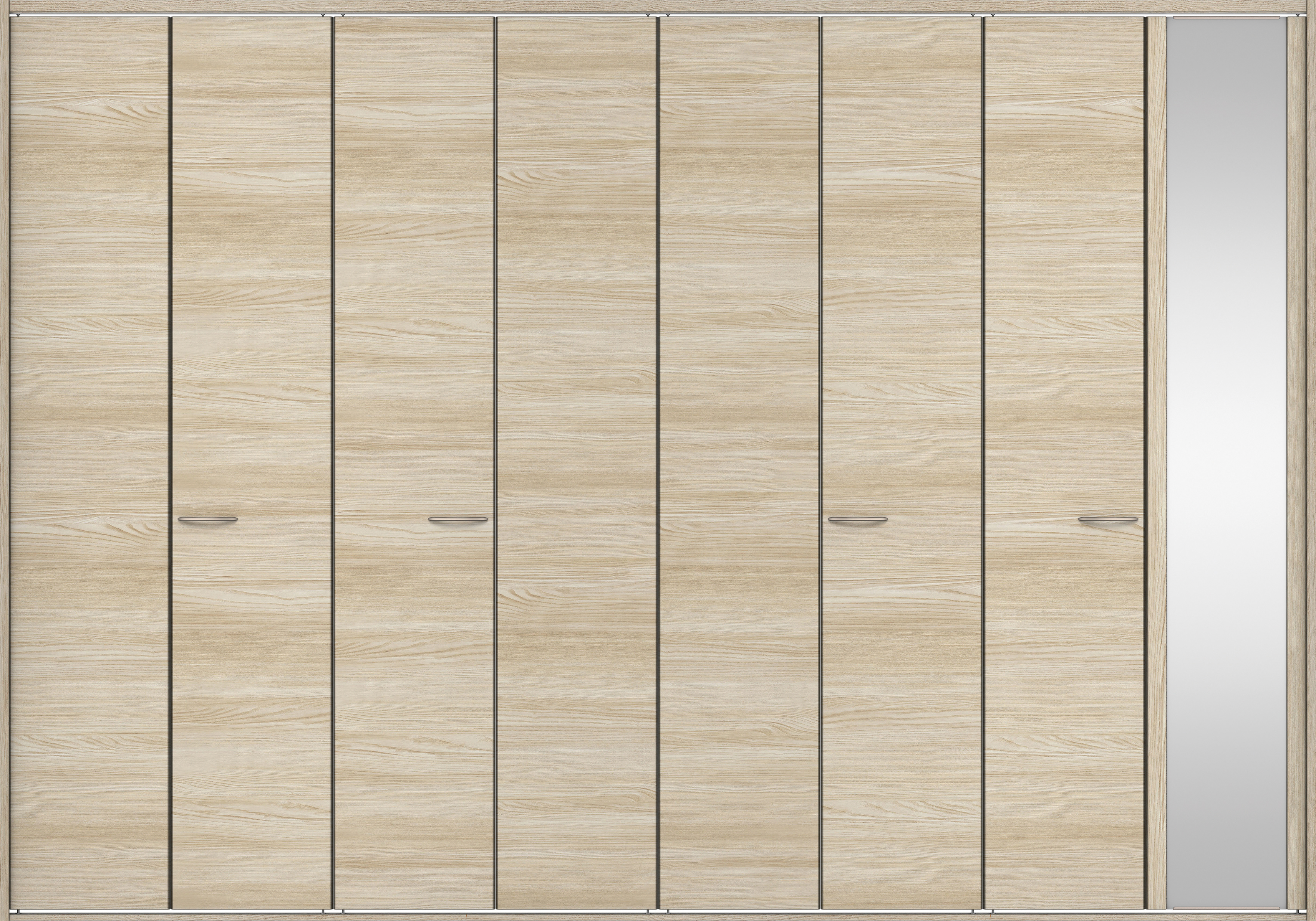 クローク収納　イエリア　折戸ユニット　フラット横木目タイプ　ミラー扉　四方枠（固定枠）　セット　３６０７幅（４Ｍ間口）　２３３０高　〈ソフトグレージュ柄〉　ハンドルラウンド型〈Ｔシルバー色〉