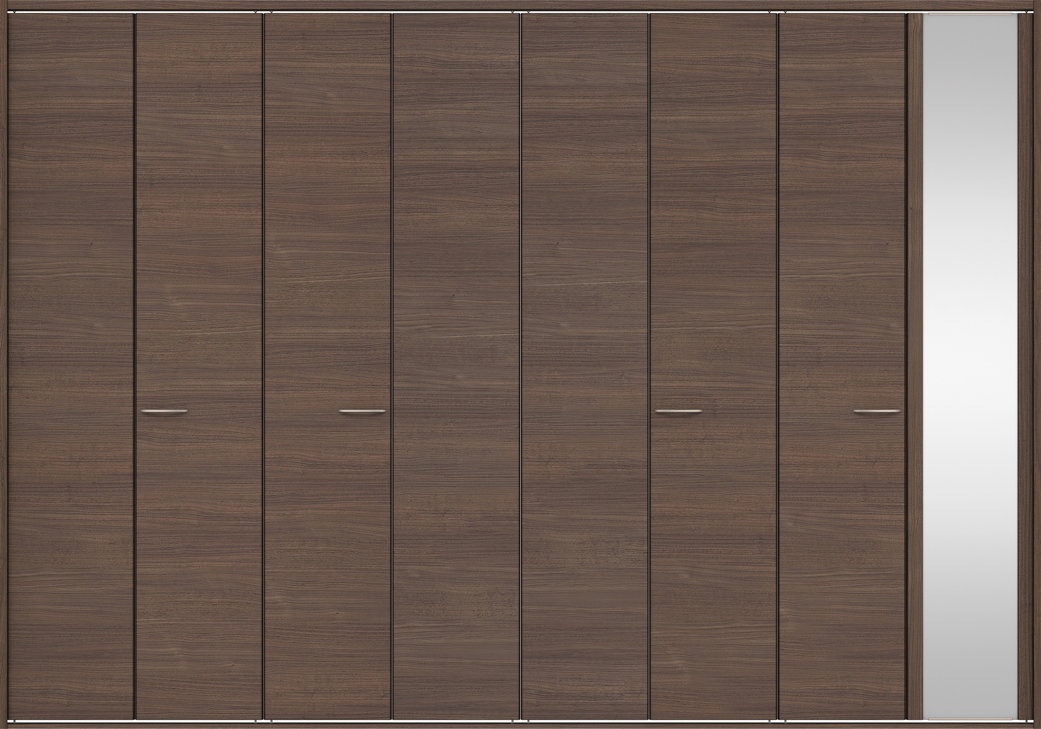 クローク収納　イエリア　折戸ユニット　フラット横木目タイプ　ミラー扉　四方枠（固定枠）　セット　３６０７幅（４Ｍ間口）　２３３０高　〈ダルブラウン柄〉　ハンドルラウンド型〈Ｔシルバー色〉