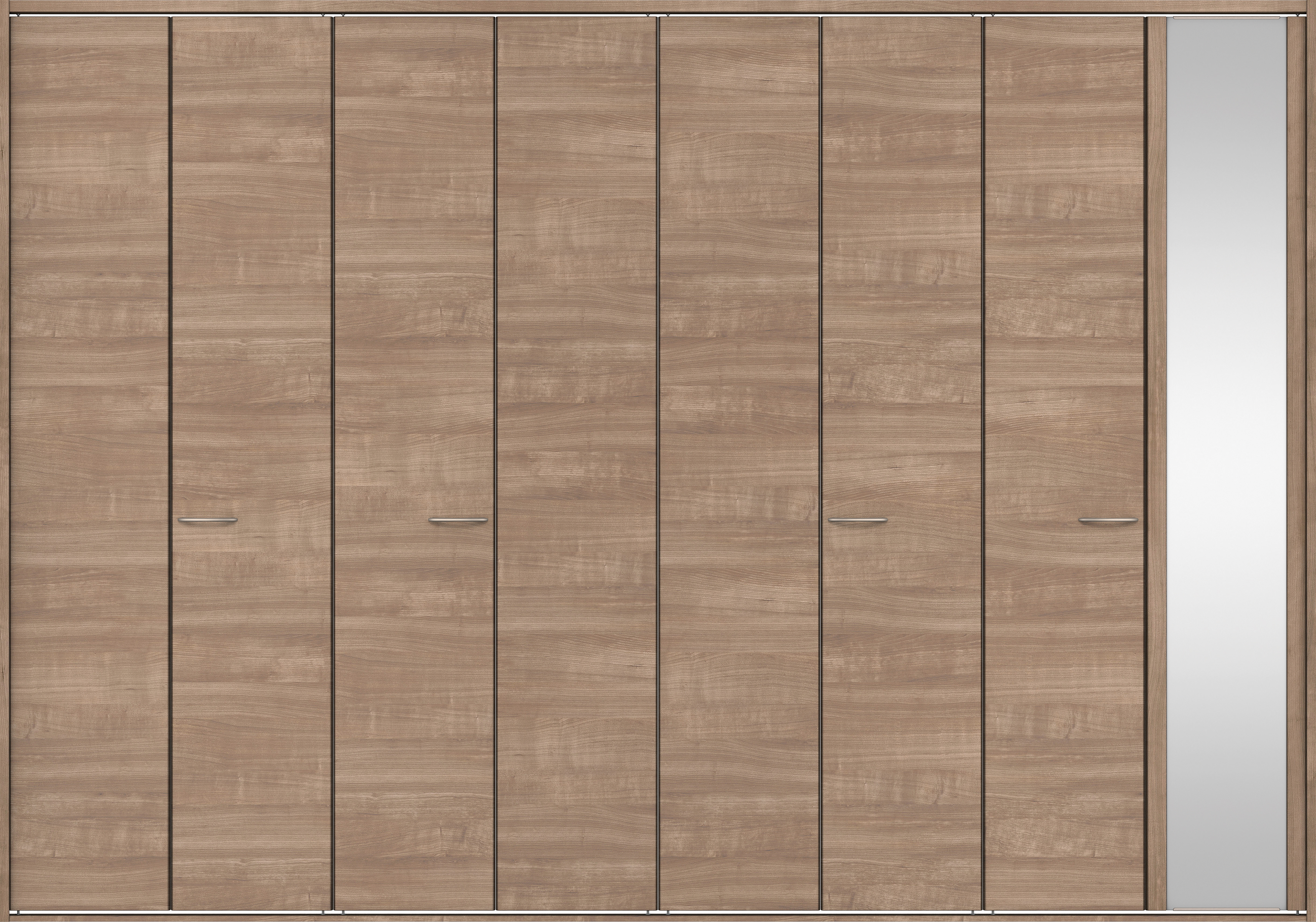 クローク収納　イエリア　折戸ユニット　フラット横木目タイプ　ミラー扉　四方枠（固定枠）　セット　３６０７幅（４Ｍ間口）　２３３０高　〈トープグレー柄〉　ハンドルラウンド型〈Ｔシルバー色〉