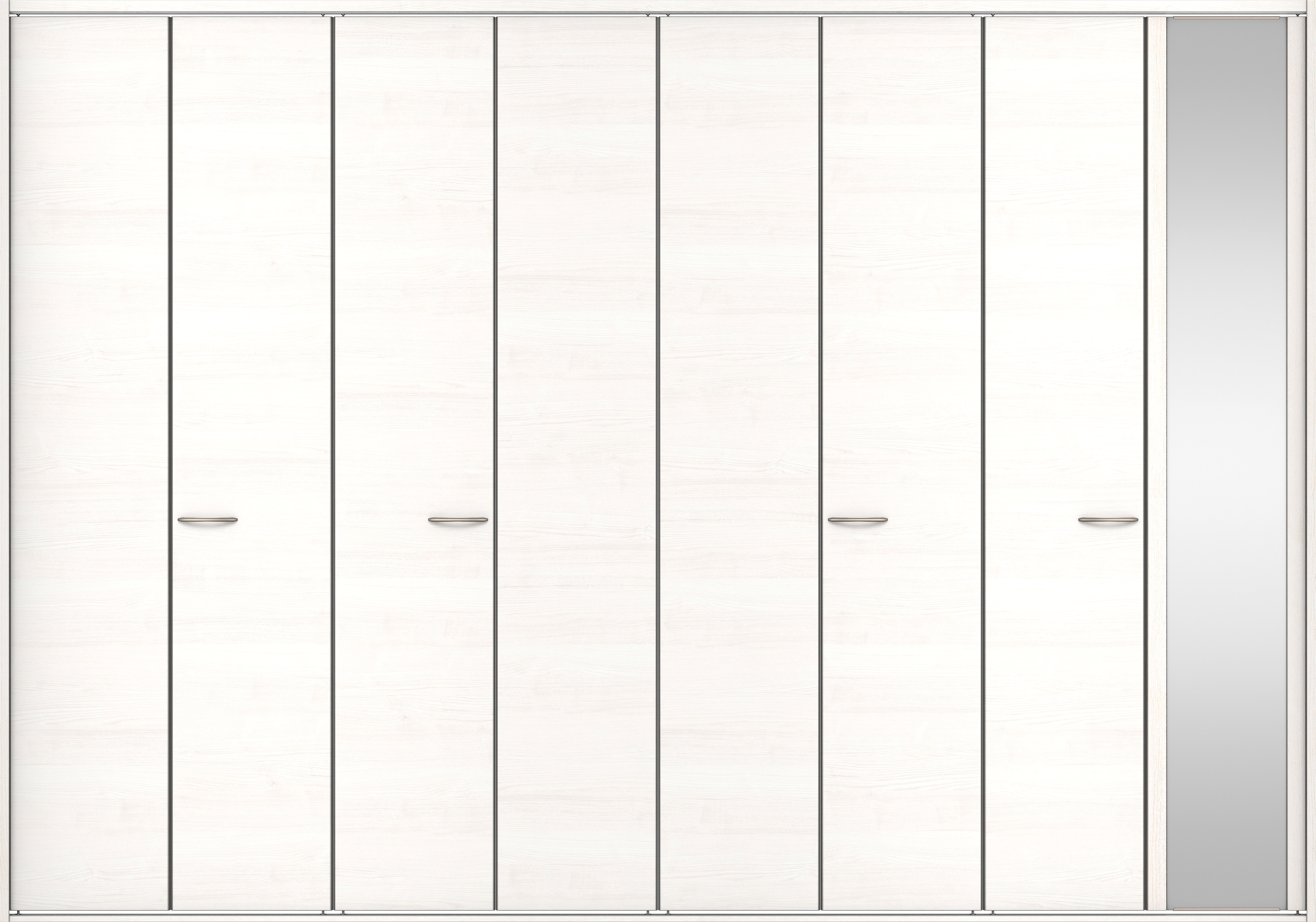 クローク収納　イエリア　折戸ユニット　フラット横木目タイプ　ミラー扉　四方枠（固定枠）　セット　３６０７幅（４Ｍ間口）　２３３０高　〈ネオホワイト柄〉　ハンドルラウンド型〈Ｔシルバー色〉