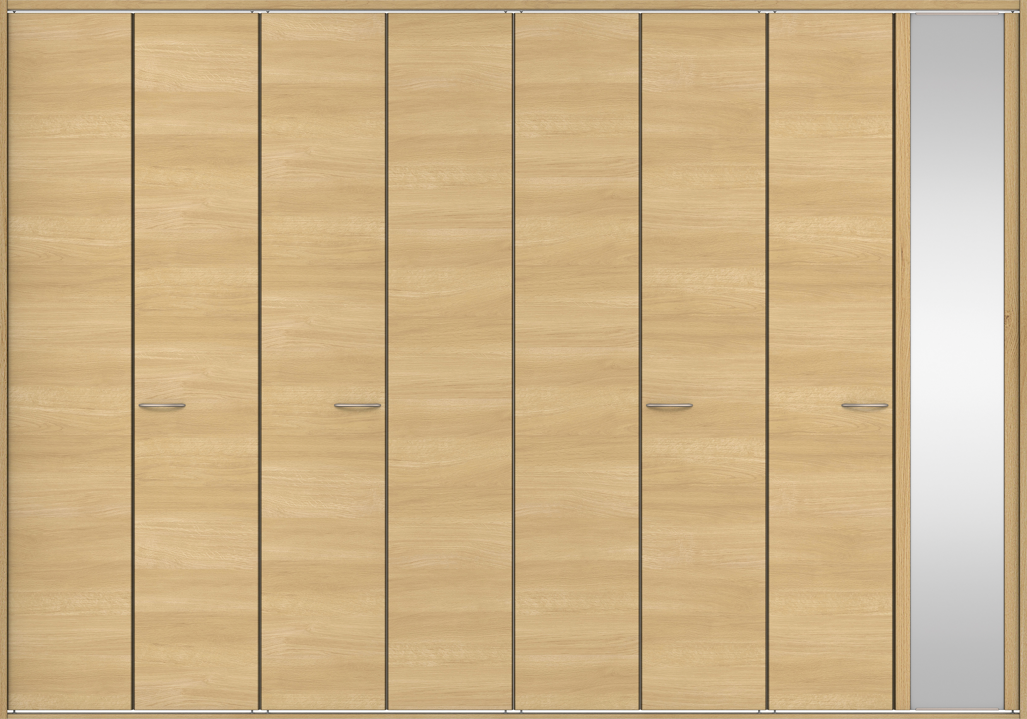 クローク収納　イエリア　折戸ユニット　フラット横木目タイプ　ミラー扉　四方枠（固定枠）　セット　３６０７幅（４Ｍ間口）　２３３０高　〈ライトオーカー柄〉　ハンドルラウンド型〈Ｔシルバー色〉
