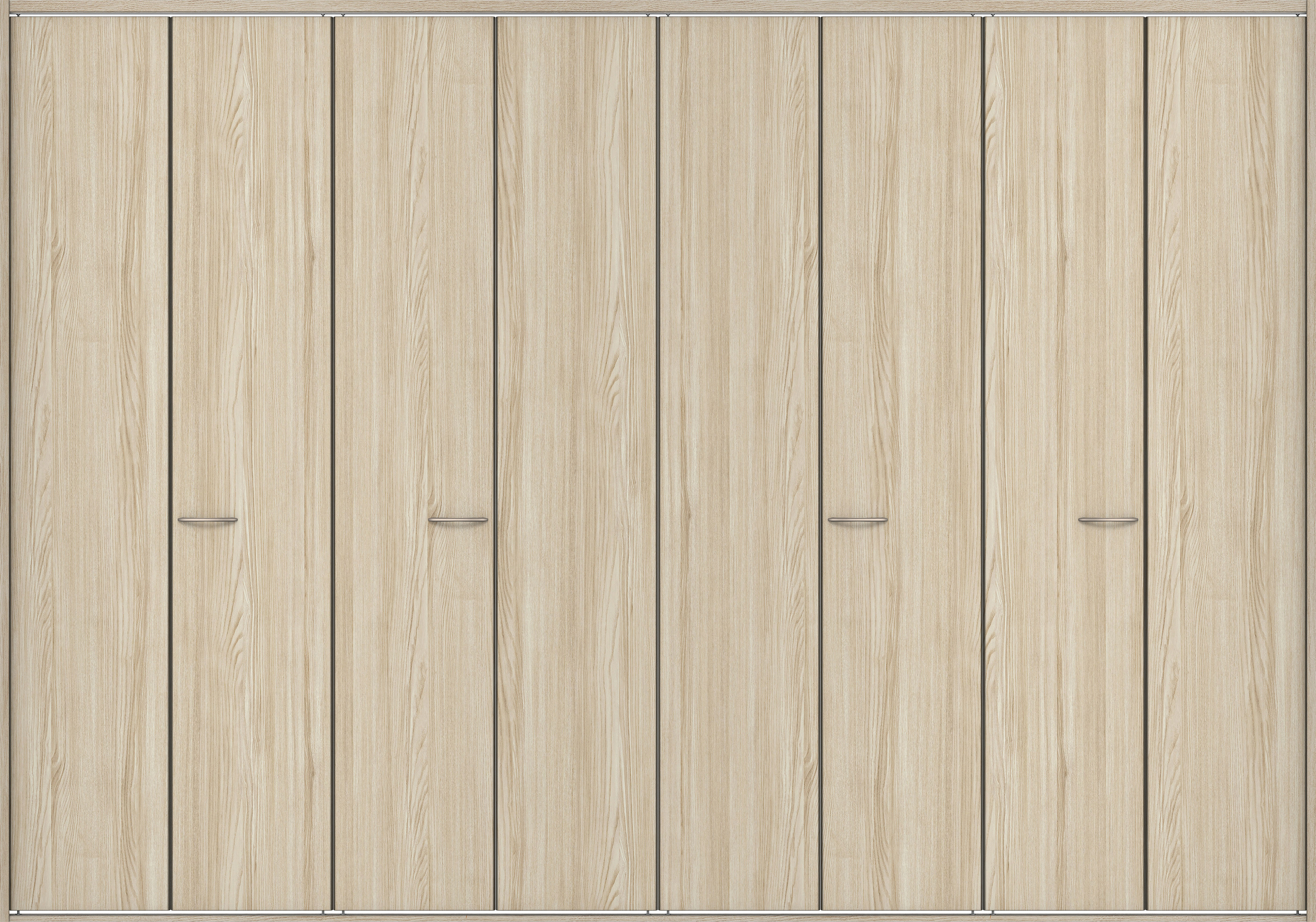 クローク収納　イエリア　折戸ユニット　フラット縦木目タイプ　ウッド扉　四方枠（固定枠）　セット　３３２７幅（１２尺間口）　２３３０高　〈ソフトグレージュ柄〉　ハンドルラウンド型〈Ｔシルバー色〉