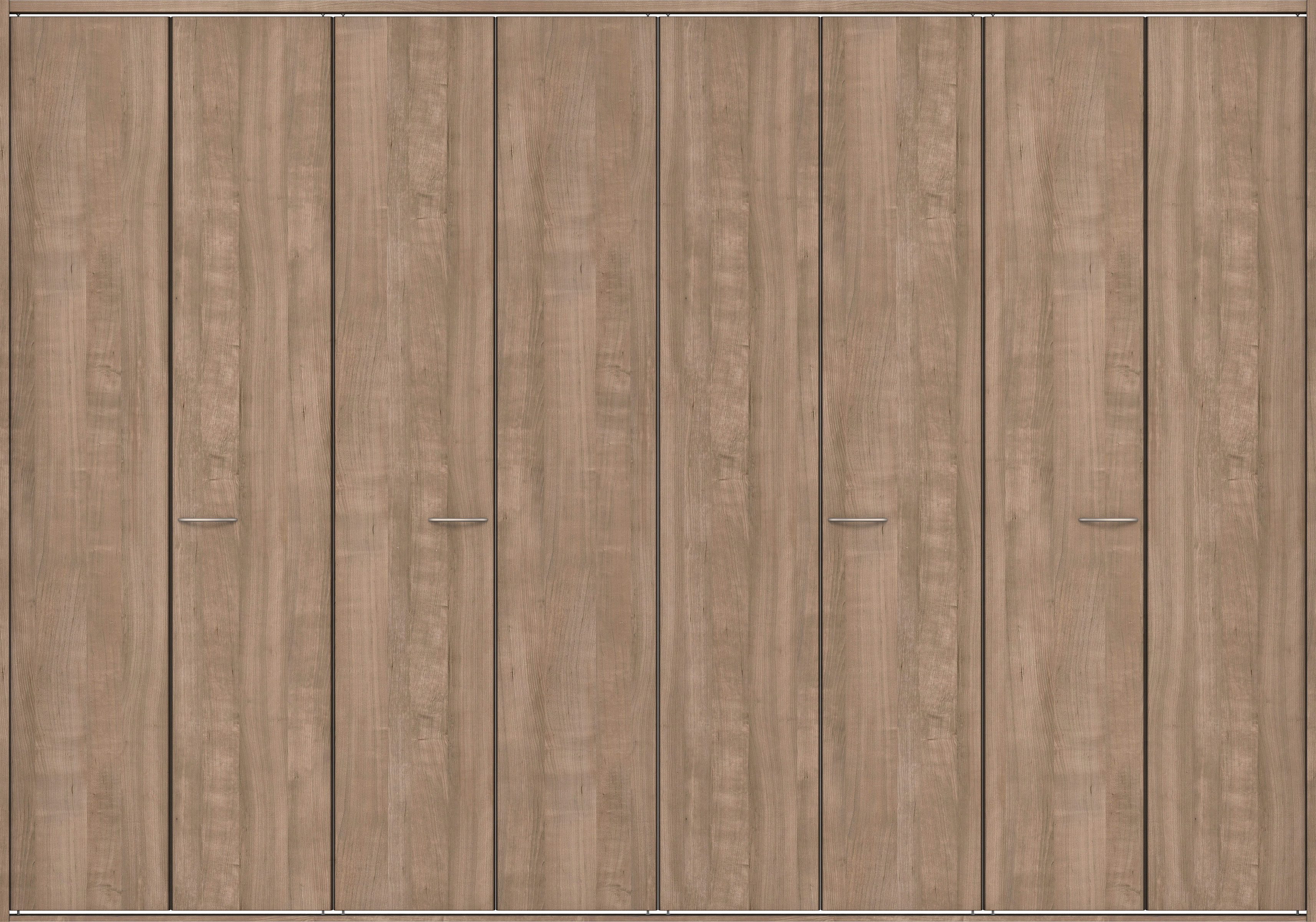 クローク収納　イエリア　折戸ユニット　フラット縦木目タイプ　ウッド扉　四方枠（固定枠）　セット　３６０７幅（４Ｍ間口）　２３３０高　〈トープグレー柄〉　ハンドルラウンド型〈Ｔシルバー色〉