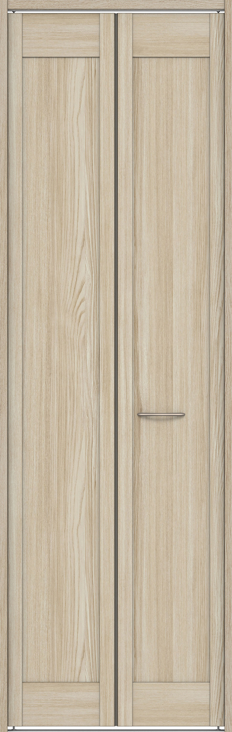 クローク収納　イエリア　折戸ユニット　カマチタイプ　ウッド扉　下レール付三方枠（固定枠）　セット　７３５幅（３尺間口）　２３２０高　〈ソフトグレージュ柄〉　ハンドルラウンド型〈Ｔシルバー色〉